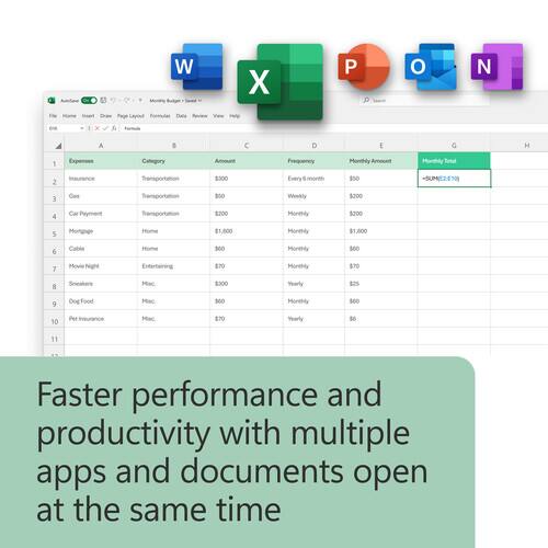 W Montty Sugor X P O N Inoat Draw Page Layout Formulas Dalla View Hp tne I Poome A 8 C D E G H 1 Expenses Category Amount Frequency Monthly Amount Monthly Total 2 Insurance Transportation $300 Every f month $50 $1,800 3 Gas Transportation $50 Weekly $200 $1,040 4 Car Payment Transportation $200 Monthly $200 $2,400 5 Mortgage Home $1,600 Monthly $1,600 $19,200 6 Cable Home $60 Monthly $60 $720 7 Movie Night Entertaining $70 Monthly $70 $840 8 Sneakers Misc $300 Yearly $25 $750 9 Dog Food Misc $60 Monthly $60 $720 10 Pet Insurance Misc $70 Yearly $56 $560 11 Faster performance and productivity with multiple apps and documents open at the same time