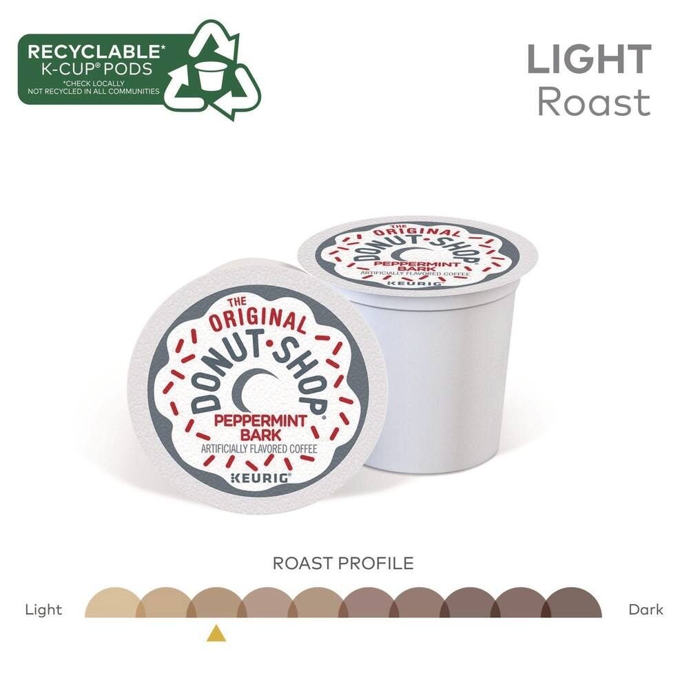 RECYCLABLE* K-CUP® PODS  
*CHECK LOCALLY NOT RECYCLED IN ALL COMMUNITIES  

LIGHT Roast  

THE ORIGINAL DONUT SHOP  
PEPPERMINT BARK  
ARTIFICIALLY FLAVORED COFFEE  
KEURIG®  

ROAST PROFILE  
Light  
Dark  

Light Roast