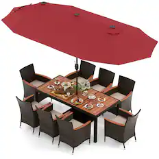 Front. Costway - 11 PCS Patio Dining Set with 15ft Double-Sided Patio Umbrella (Base Included) - Mix Brown + Wine.