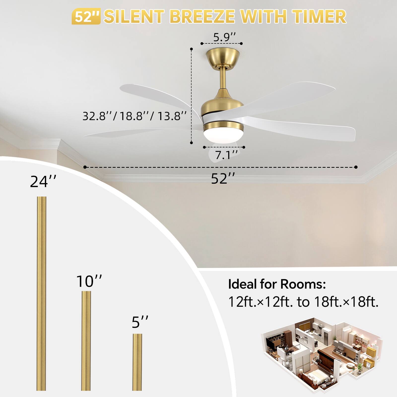 52" SILENT BREEZE WITH TIMER

5.9"  
32.8" / 18.8" / 13.8"  
7.1"  
24"  
52"  
10"  
5"  

Ideal for Rooms: 12ft.x12ft. to 18ft.x18ft.