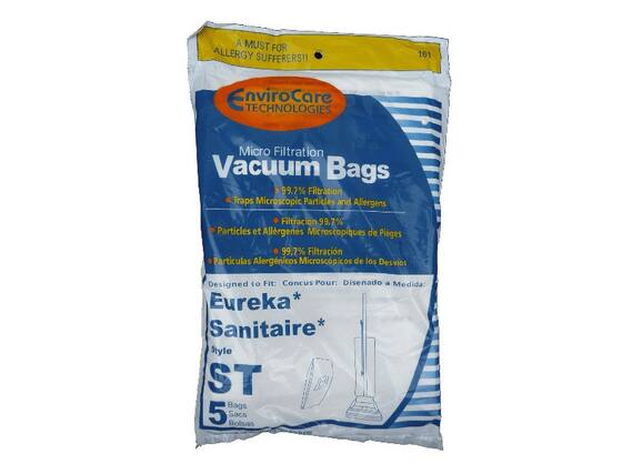 A MUST FOR ALLERGY SUFFERERS!!
161 EnviroCare TECHNOLOGIES Micro Filtration Vacuum Bags
99.7% Filtration Traps Microscopic Particles and Allergens
Filtración 99.7% Partículas y Alergénicos Microscópicos de Polen
99.7% Filtración Partículas Alergénicos Microscópicos de los Desvios
Designed to Fit: Eureka* Sanitaire* Style ST
Concuc Pour: Eureka* Sanitaire* Style ST
Diseñado a Medida: Eureka* Sanitaire* Style ST
5 Bags
5 Sacs
5 Bolsas
