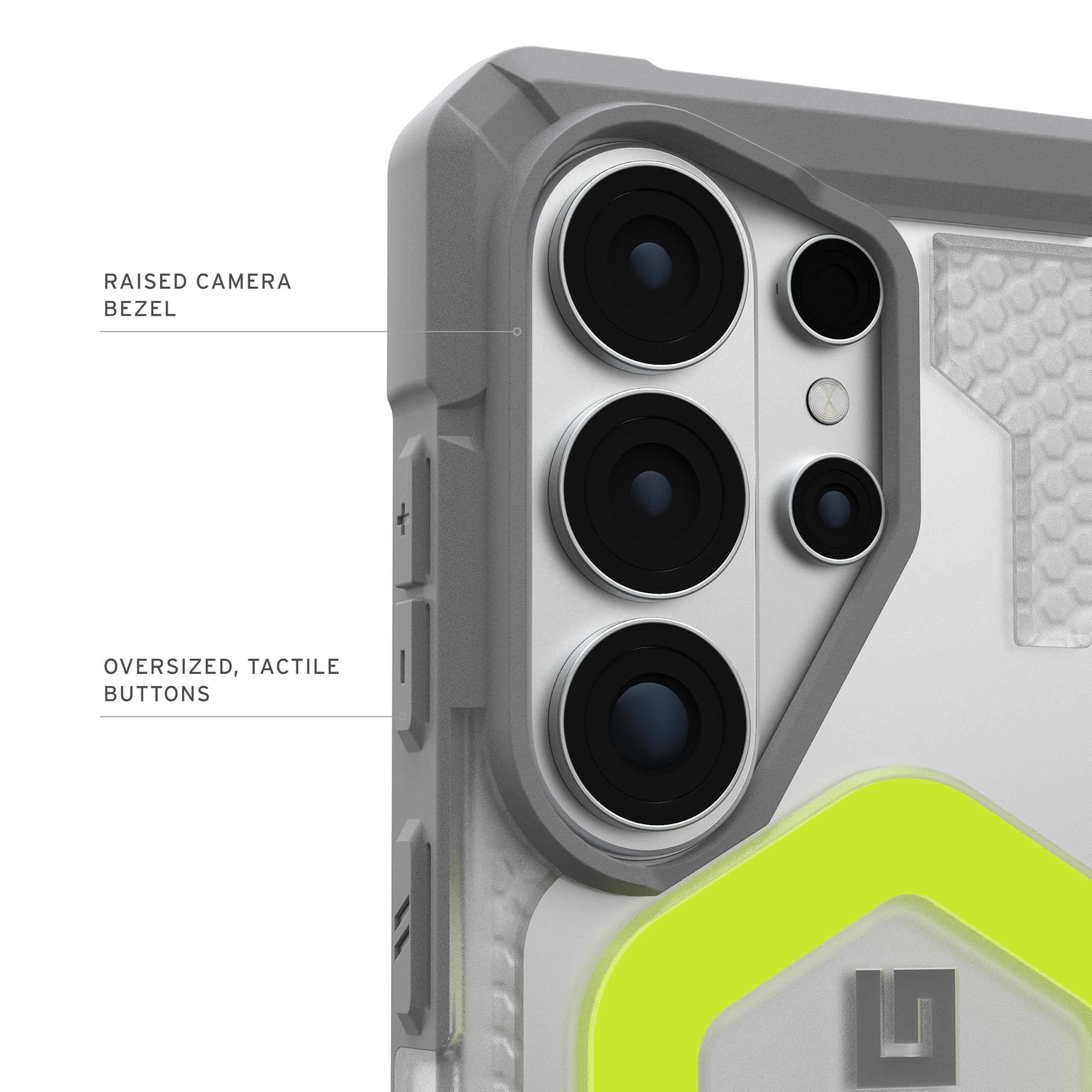 RAISED CAMERA BEZEL  
OVERSIZED, TACTILE BUTTONS