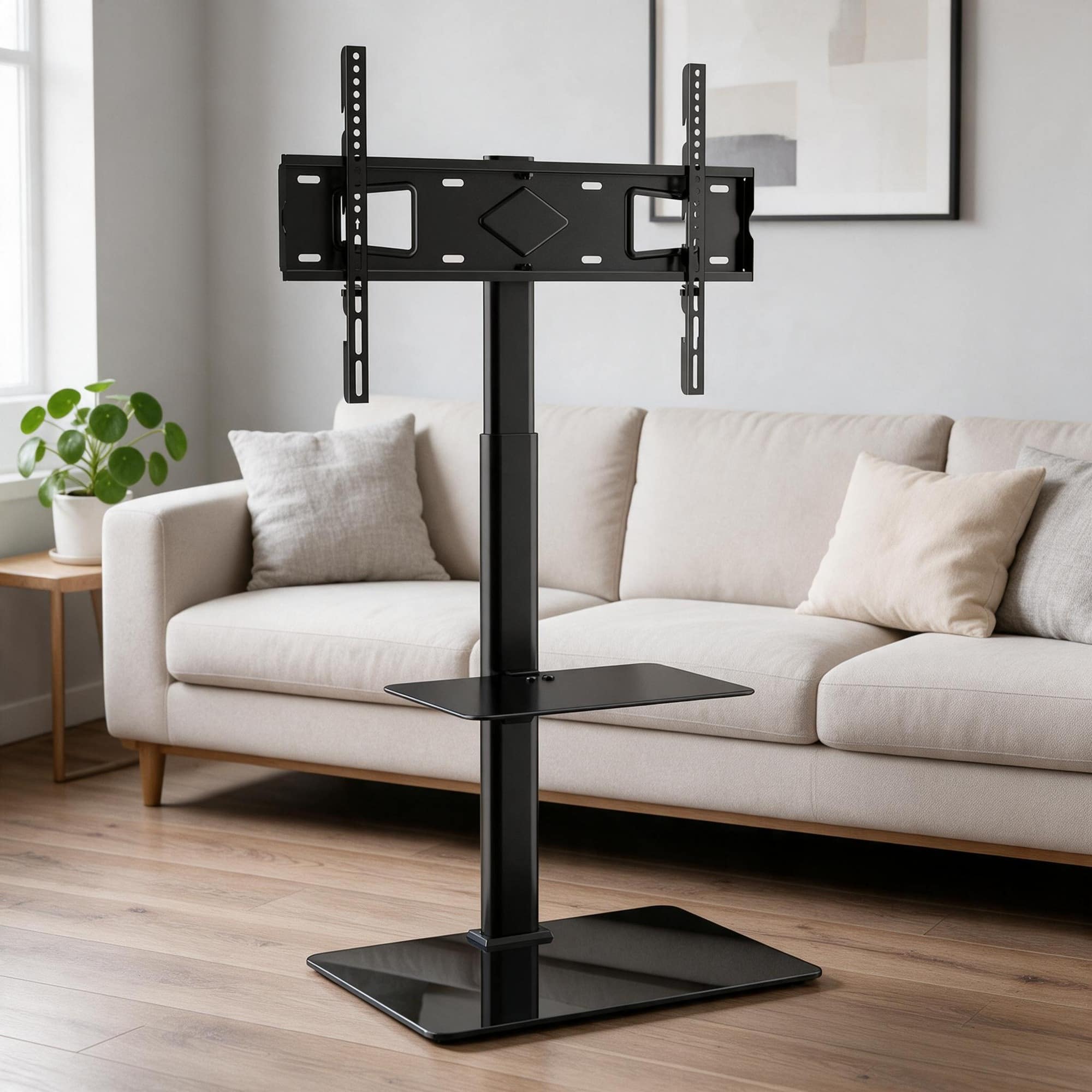 RYHNUYNE - Swivel Tall TV Stand Mount, Height Adjustable Tempered Glass Base For 32-65 Inch TVs - Natural