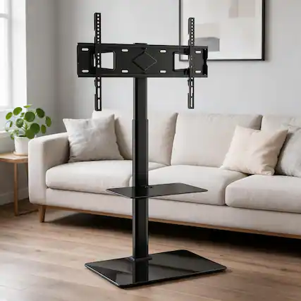 Front. RYHNUYNE - Swivel Tall TV Stand Mount, Height Adjustable Tempered Glass Base For 32-65 Inch TVs - Natural.