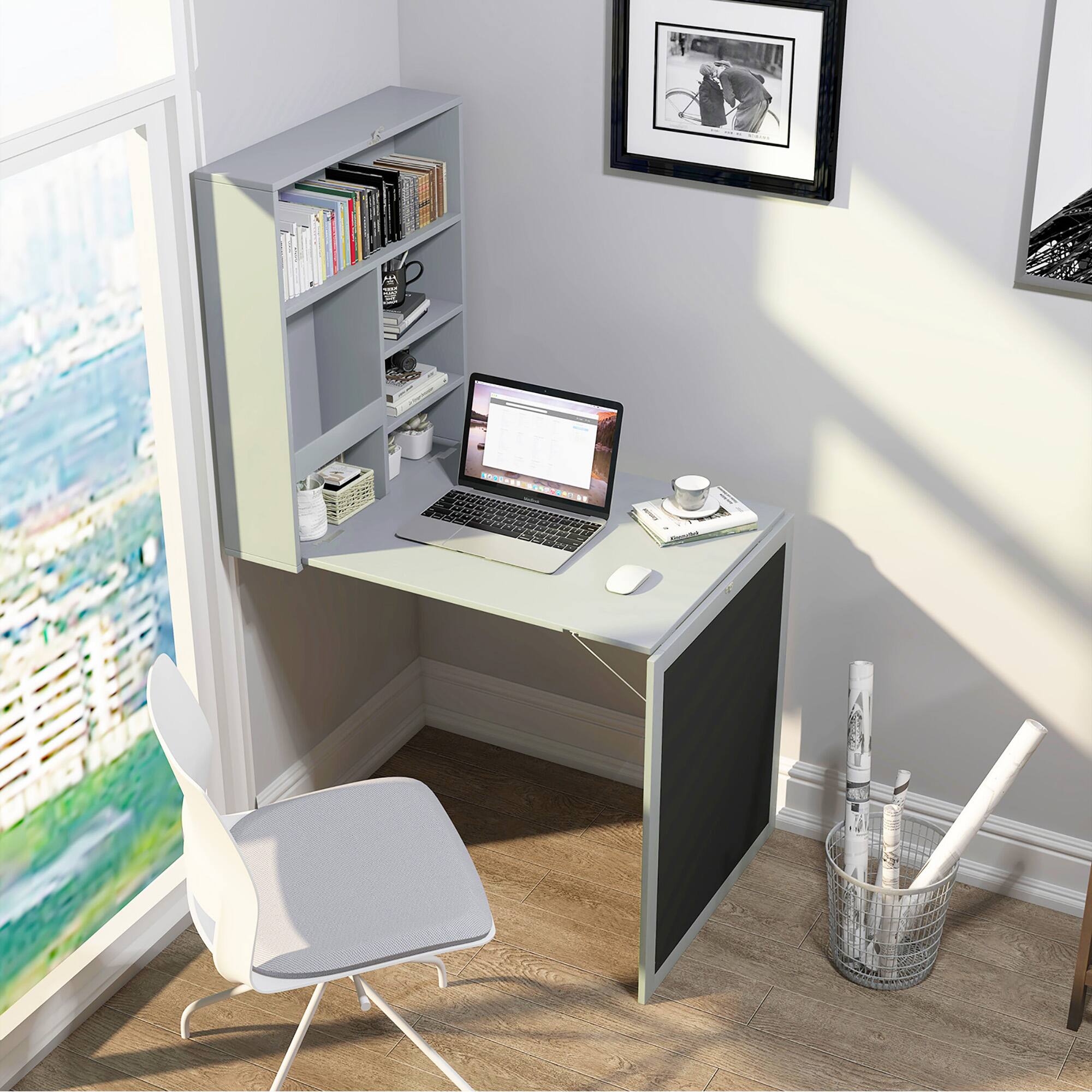 Alt View 2. Gymax - Gymax Wall Mounted Table Fold Out Convertible Desk with A Blackboard/Chalkboard Grey - Grey.