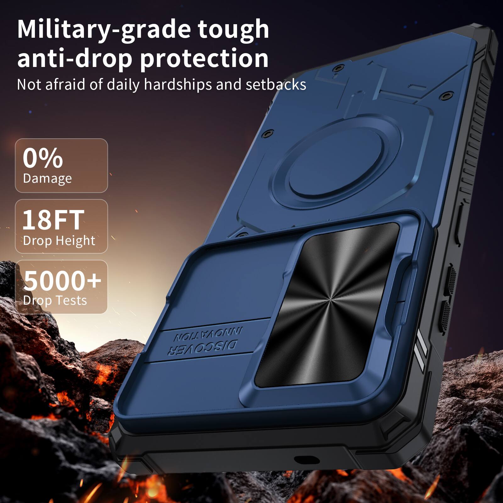 Military-grade tough anti-drop protection  
Not afraid of daily hardships and setbacks  
0% Damage  
18FT Drop Height  
5000+ Drop Tests