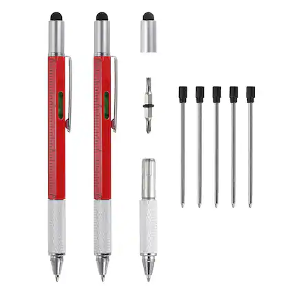 Front. Unique Bargains - 2pcs 6 in 1 Metal Multitool Tech Tool Pen with Ballpoint Pen, Ruler, Screwdriver, Stylus, Level Gauge, Refills - Red.
