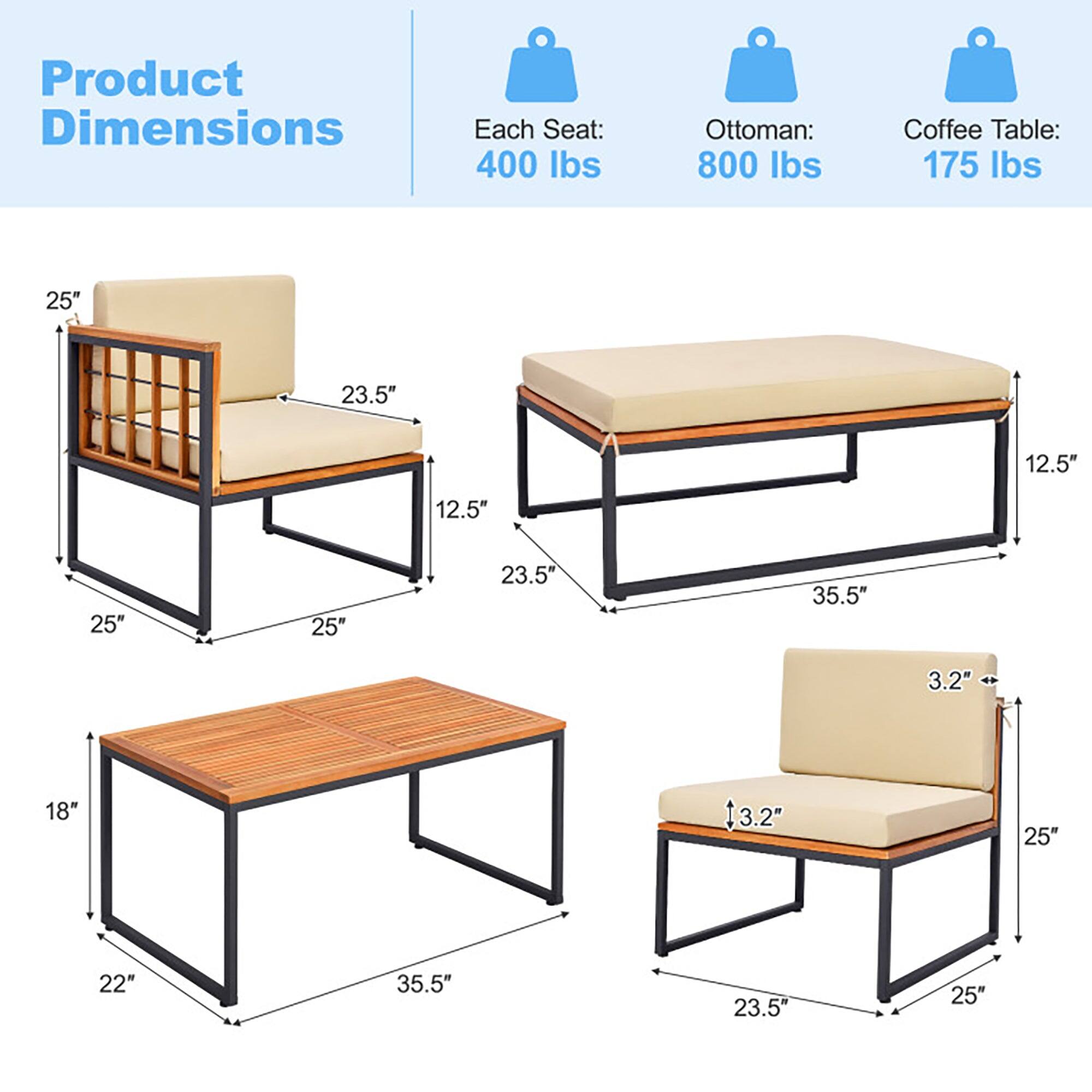 Product Dimensions  
Each Seat: 400 lbs  
Ottoman: 800 lbs  
Coffee Table: 175 lbs  

25" x 23.5" x 12.5"  
25" x 23.5" x 35.5"  
3.2" x 18" x 35.5"  
25" x 23.5" x 3.2"