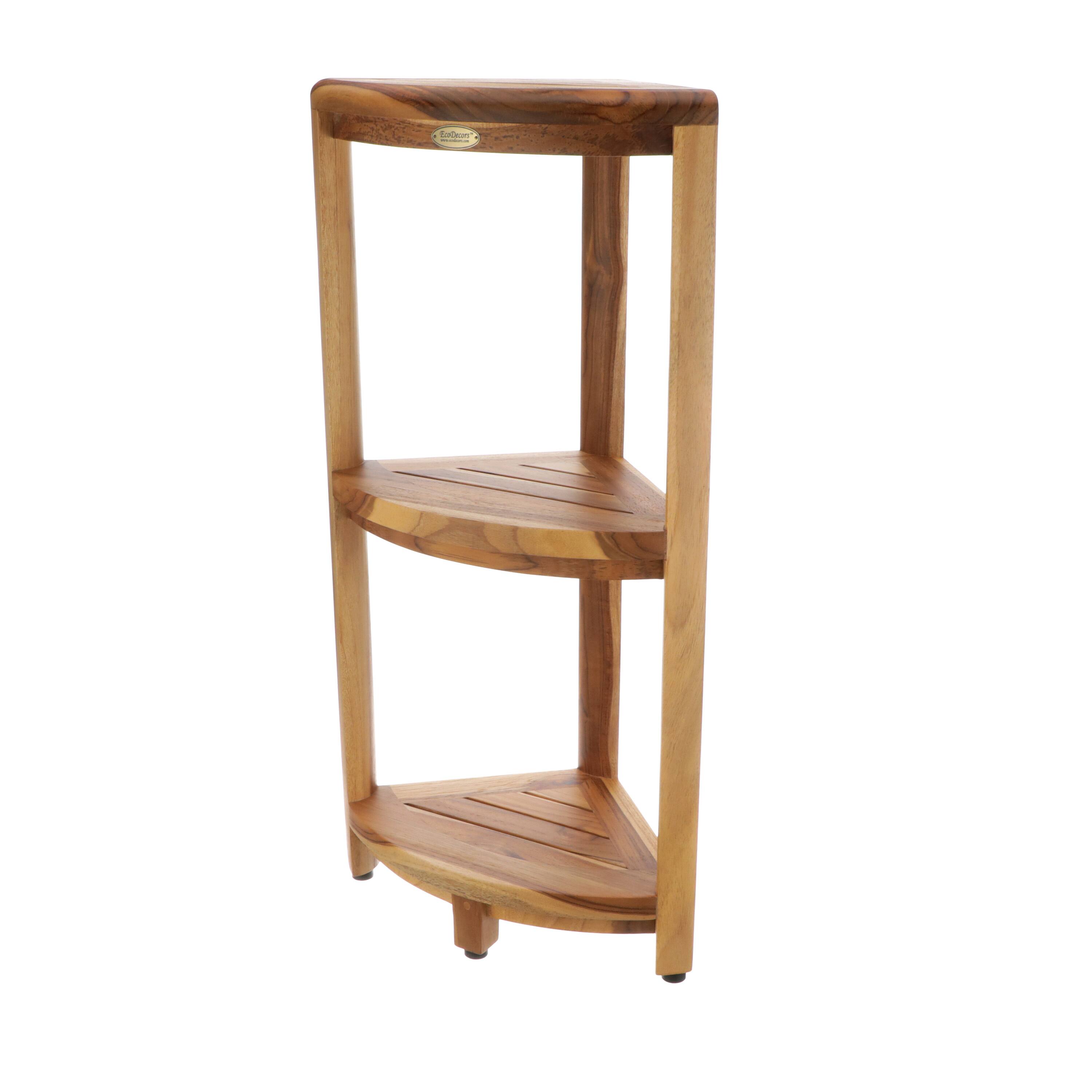 Angle. EcoDecors - EcoDecors Snazzy Corner Natural Color Three Tier Shelf Waterproof Teak Wood Shower Shelf - EarthyTeak.