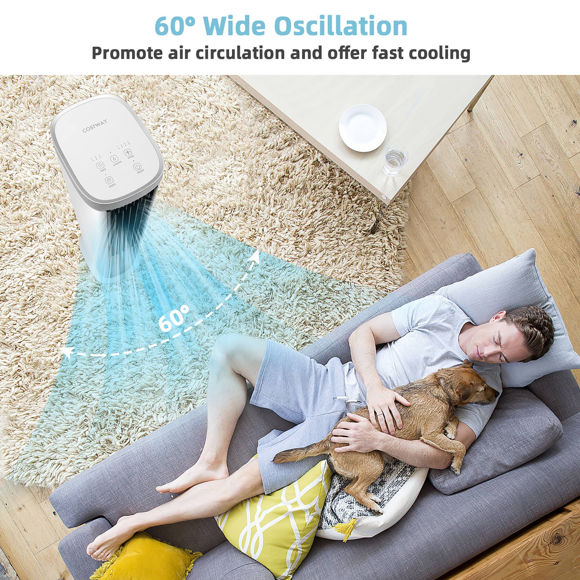 The text on the image reads: "60 Wide Oscillation Promote air circulation and offer fast cooling COSTWAY."