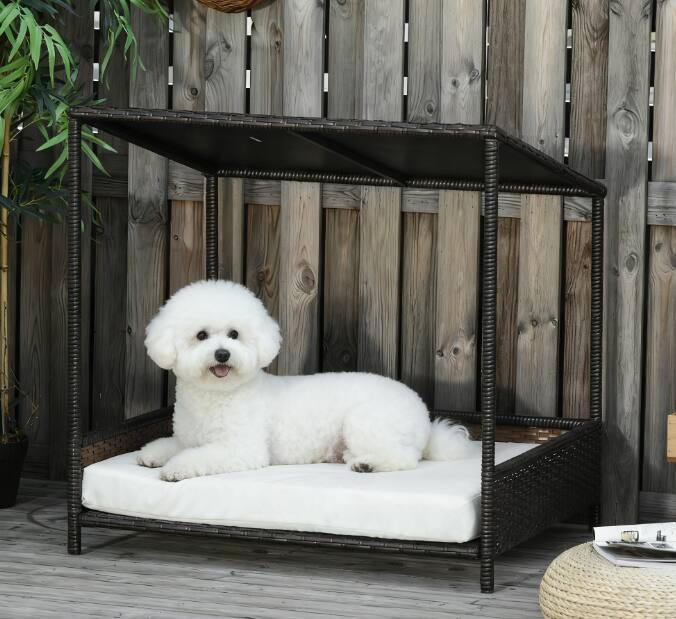 Front. Siljoy - Brown Raised Rattan Dog House, Indoor/Outdoor Puppy Bed with Sloped Roof for Small/Medium Dogs.