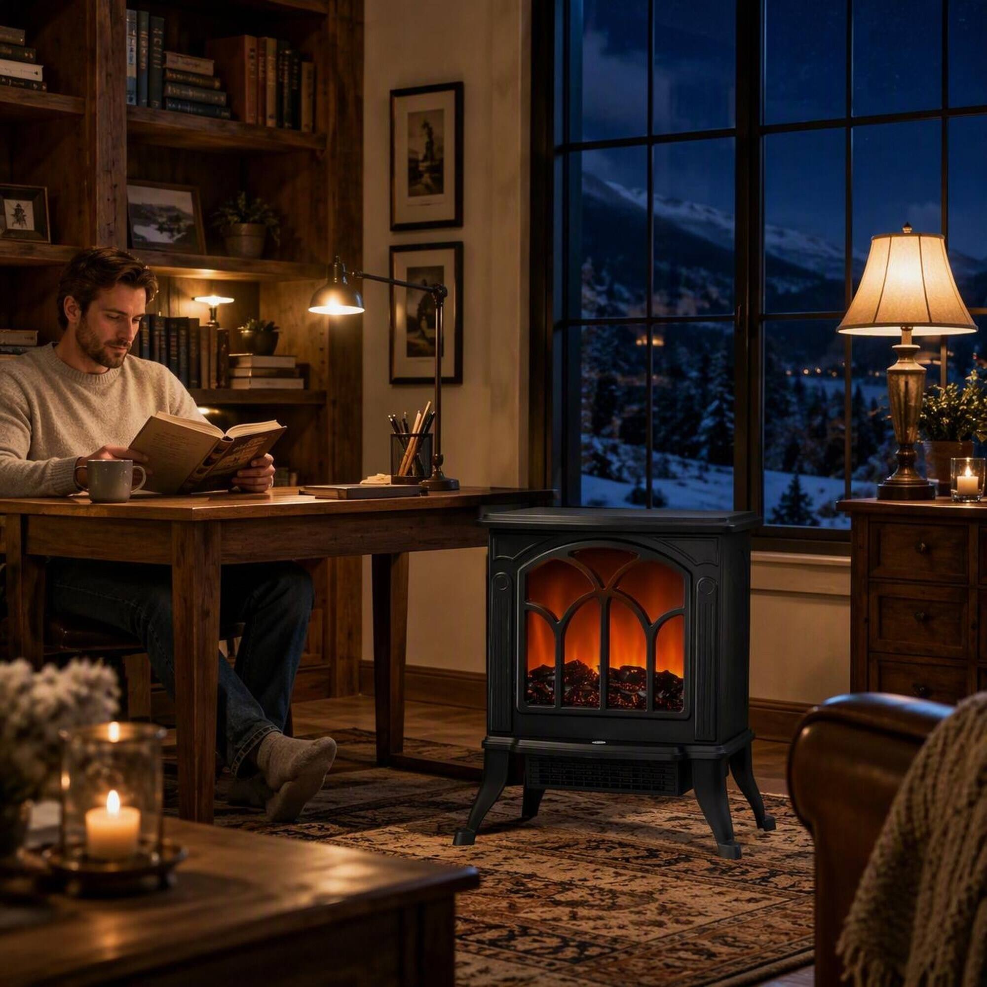 Left. RYHNUYNE - Portable Electric Fireplace Stove Heater with Realistic Flame, 750W/1500W Adjustable Heat, Tip-Over Overheat Protection - Black.