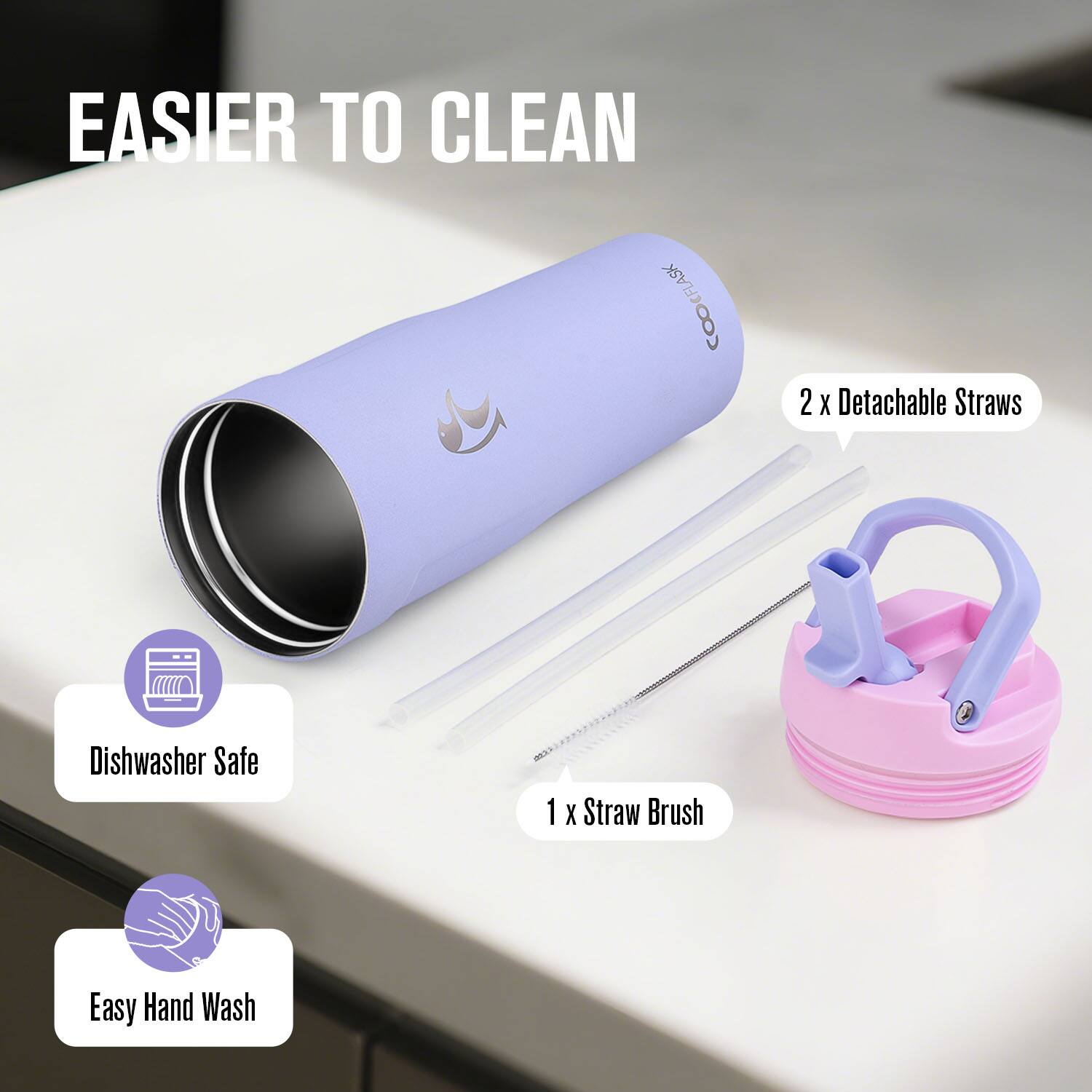 EASIER TO CLEAN

COFFEEFLASK CFLASK

- 2 x Detachable Straws
- 1 x Straw Brush

Dishwasher Safe
Easy Hand Wash