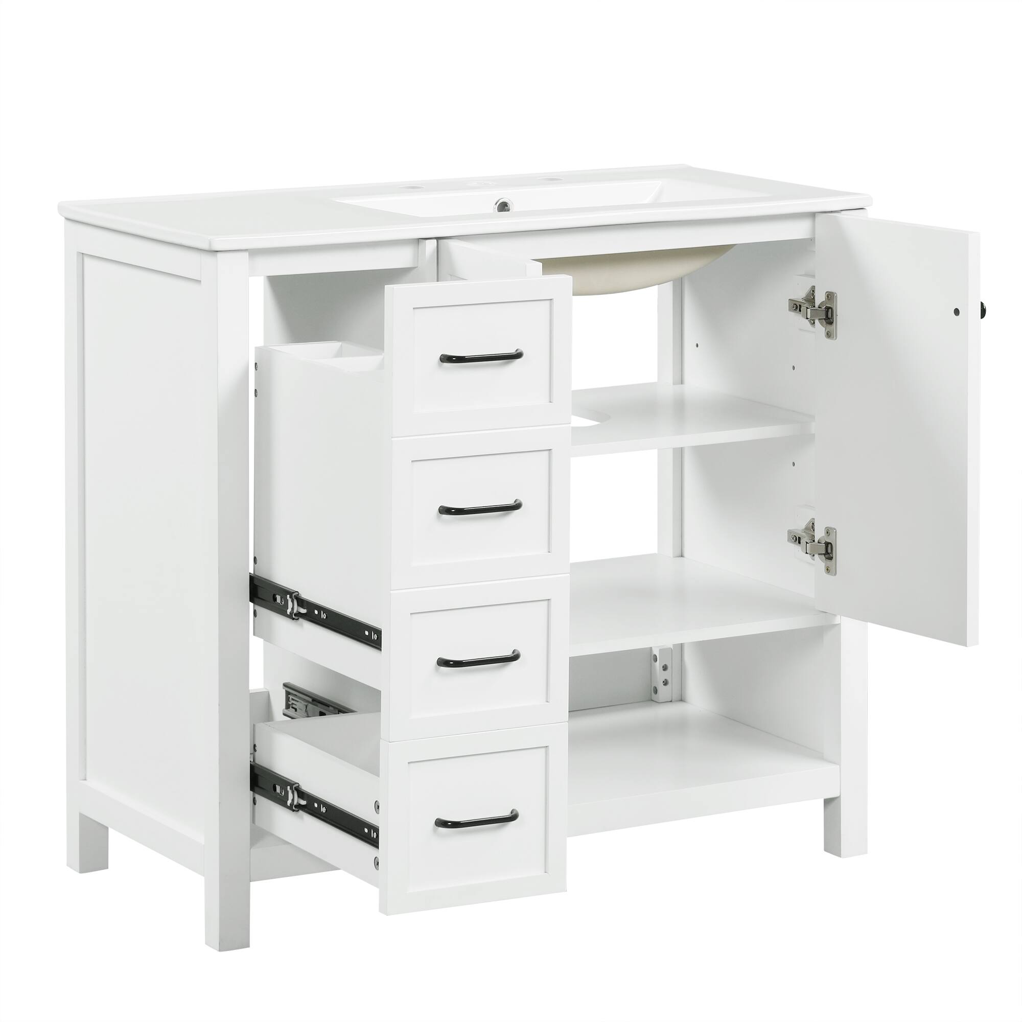 Alt View 1. Whisen - 36 Inch Bathroom Vanity with Right Side Ceramic Sink Combo and Single Open Shelf Storage Cabinet - White.