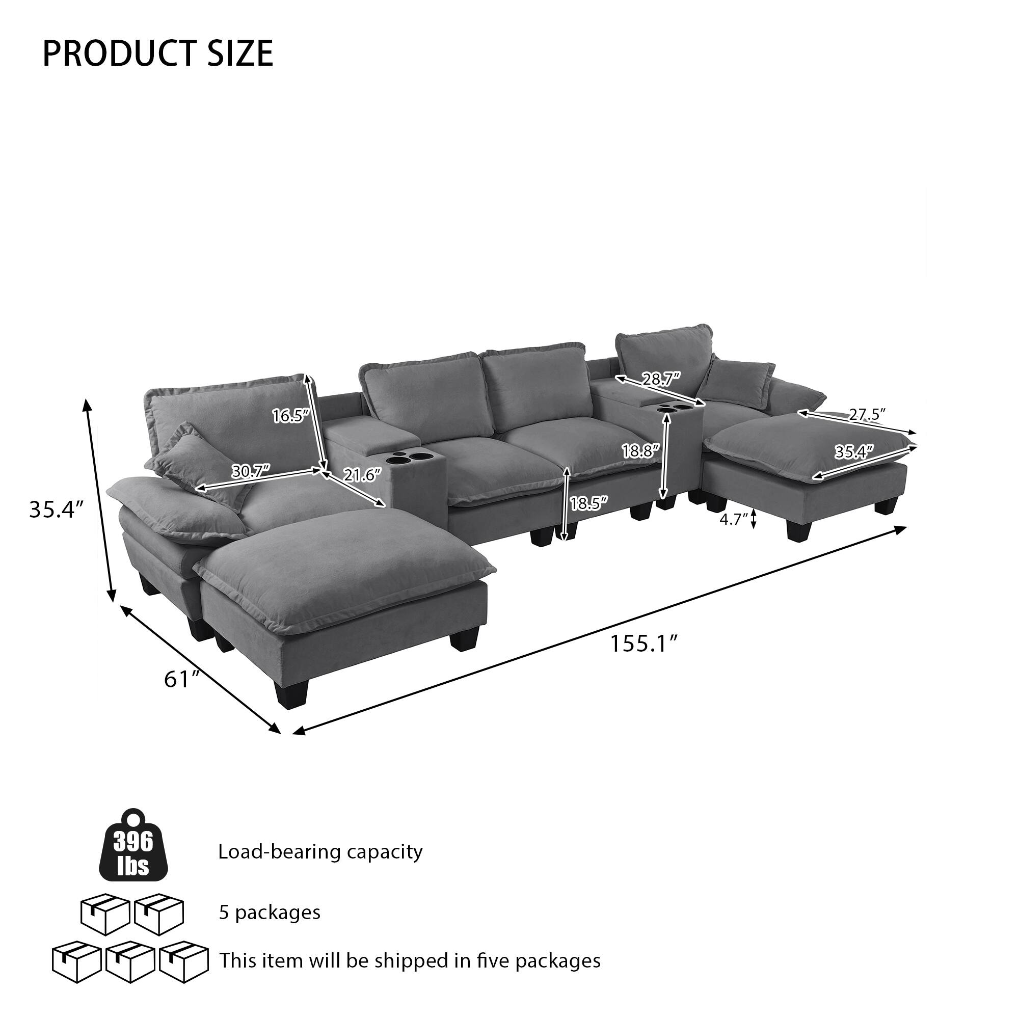 PRODUCT SIZE

- 155.1" (length)
- 61" (depth)
- 35.4" (height)
- 28.7" (seat height)
- 27.5" (seat width)
- 30.7" (armrest height)
- 16.5" (back height)
- 21.6" (cushion depth)
- 18.8" (side table height)
- 18.5" (side table depth)
- 4.7" (leg height)

Load-bearing capacity: 396 lbs

This item will be shipped in five packages.