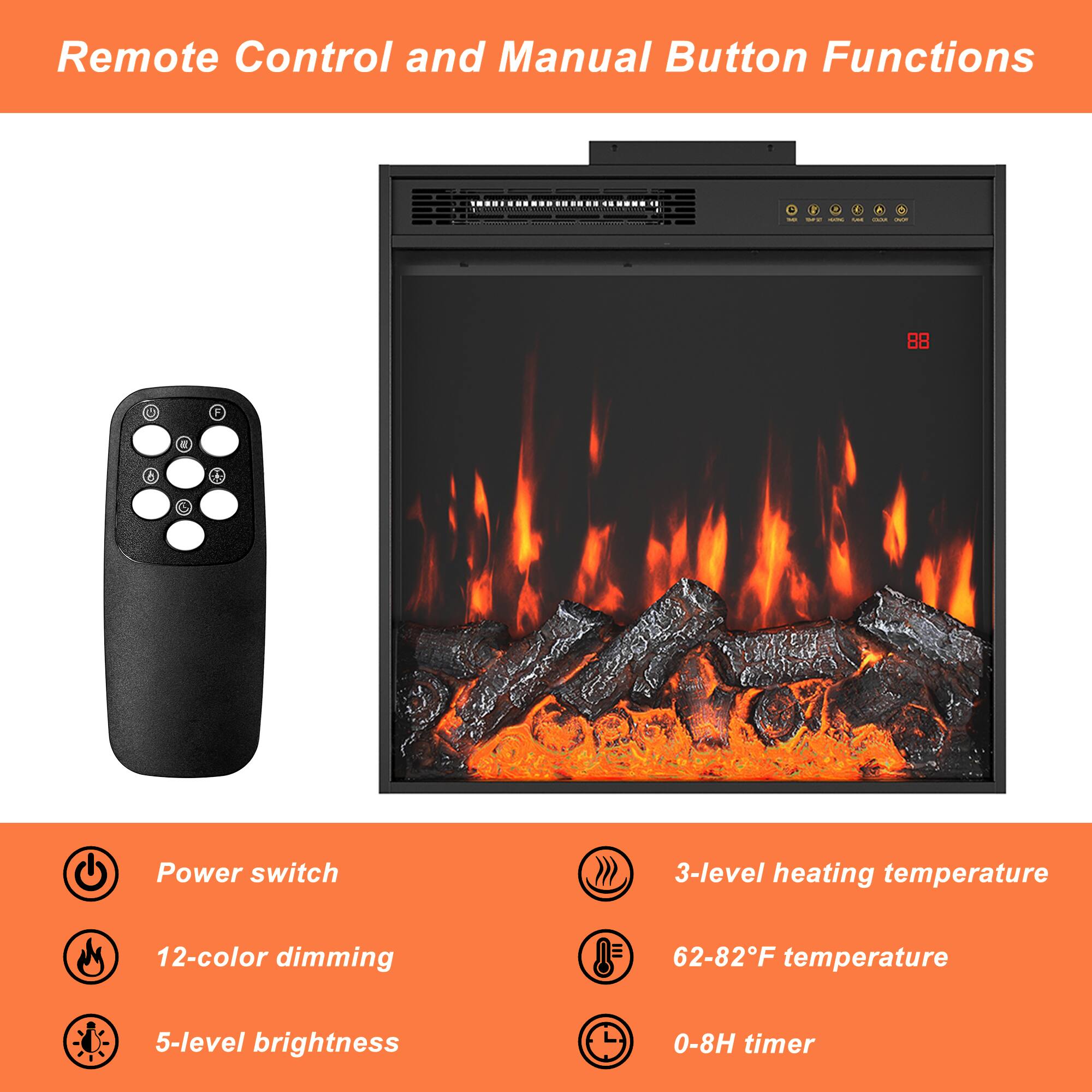 Remote Control and Manual Button Functions

- Power switch
- 3-level heating temperature
- 12-color dimming
- 62-82°F temperature
- 5-level brightness
- 0-8H timer