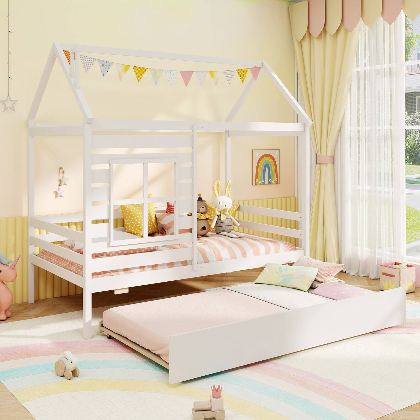 Alt View 1. Gymax - Gymax Twin Size House Bed with Trundle Wooden Platform Bed w/ Roof Chimney & Window White - White.