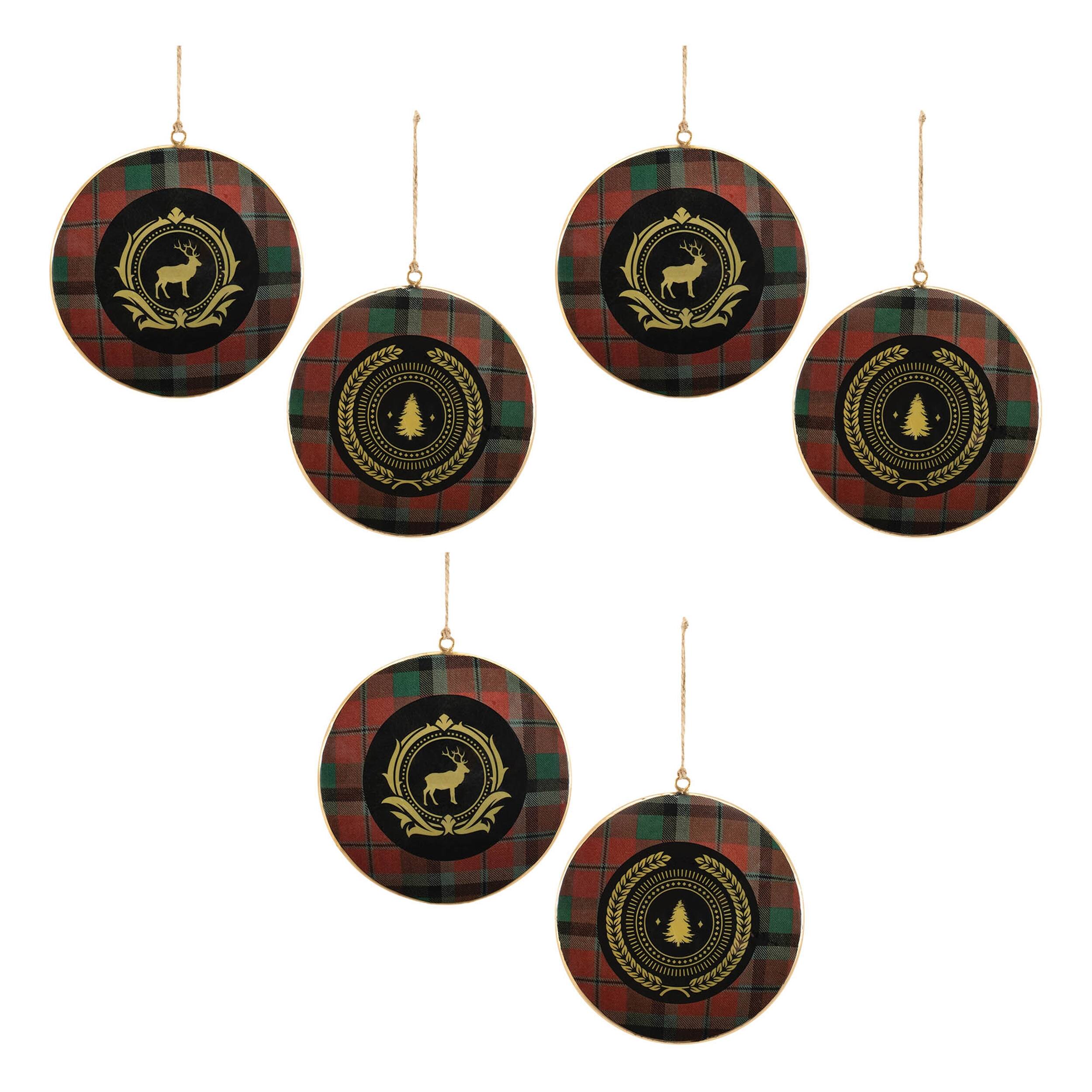Alt View 4. BreeBe - Metal Deer and Pine Tree Disc Ornament (Set of 6) - Red, Black.