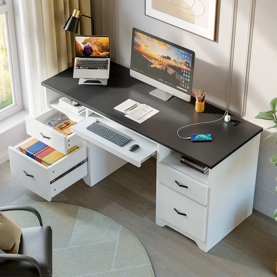 Bestier 59 inch Computer Desk with Charging Station, Fluted Storage ...