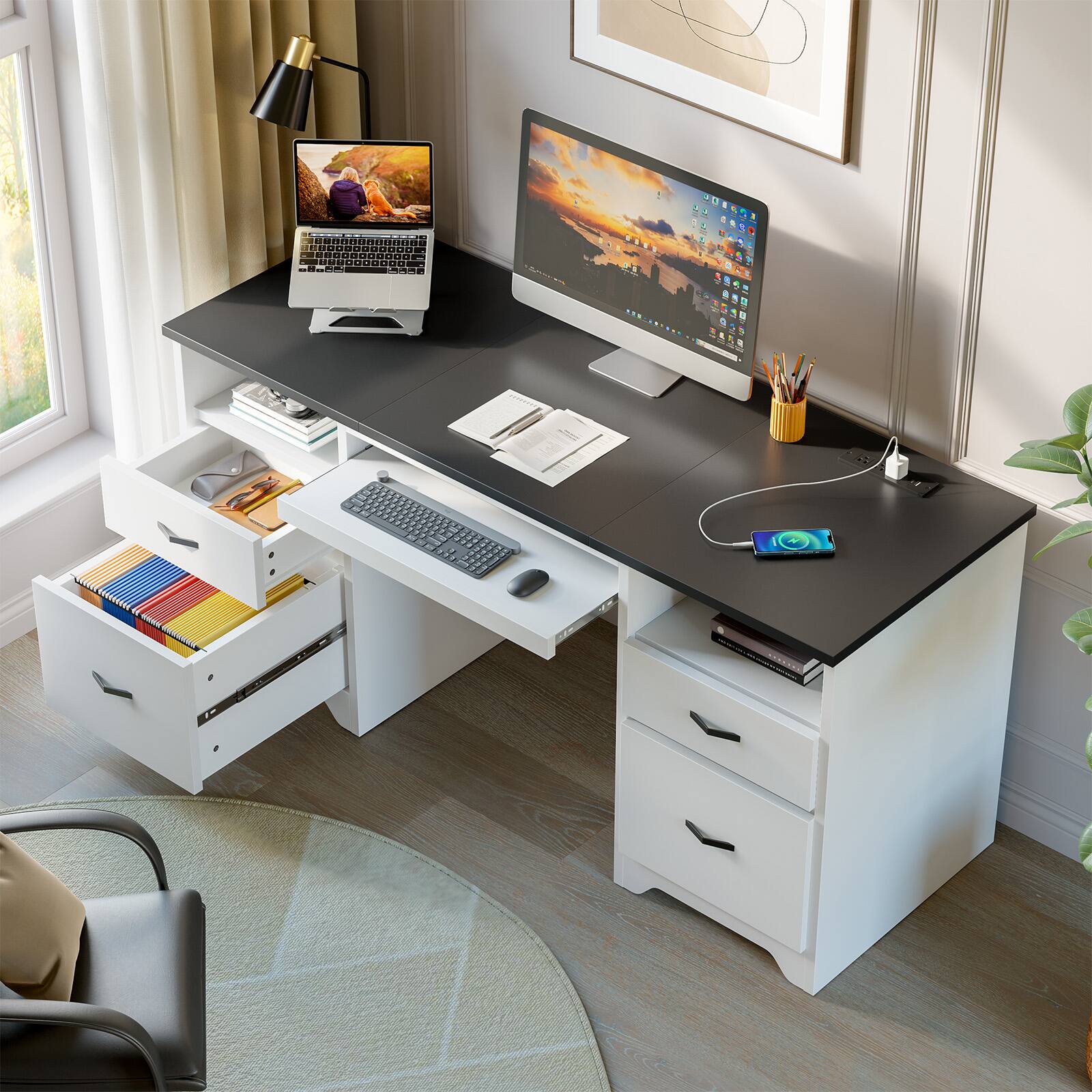 Alt View 1. Bestier - 59-inch Computer Desk with Charging Station, Fluted Storage Cabinet and Keyboard Tray - White.