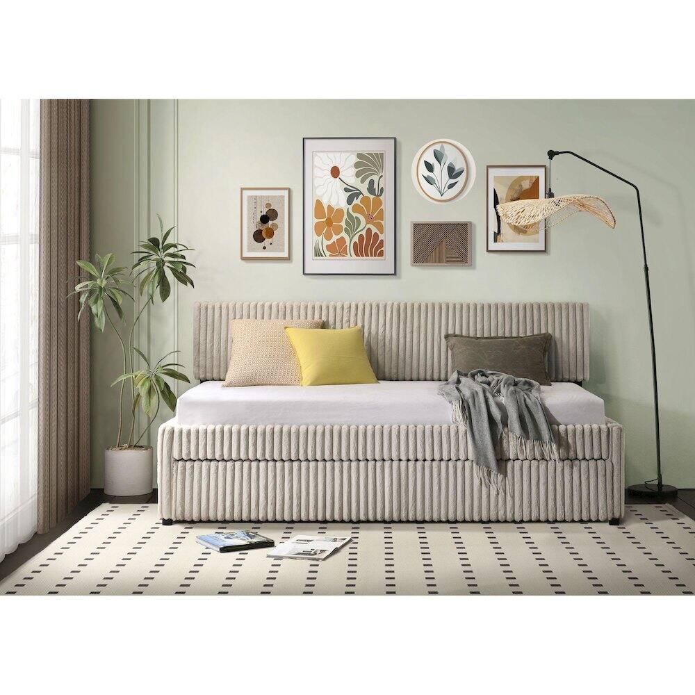 Alt View 1. Picket House Furnishings - Amelia Twin Daybed with Trundle in Corduroy Beige - Beige.