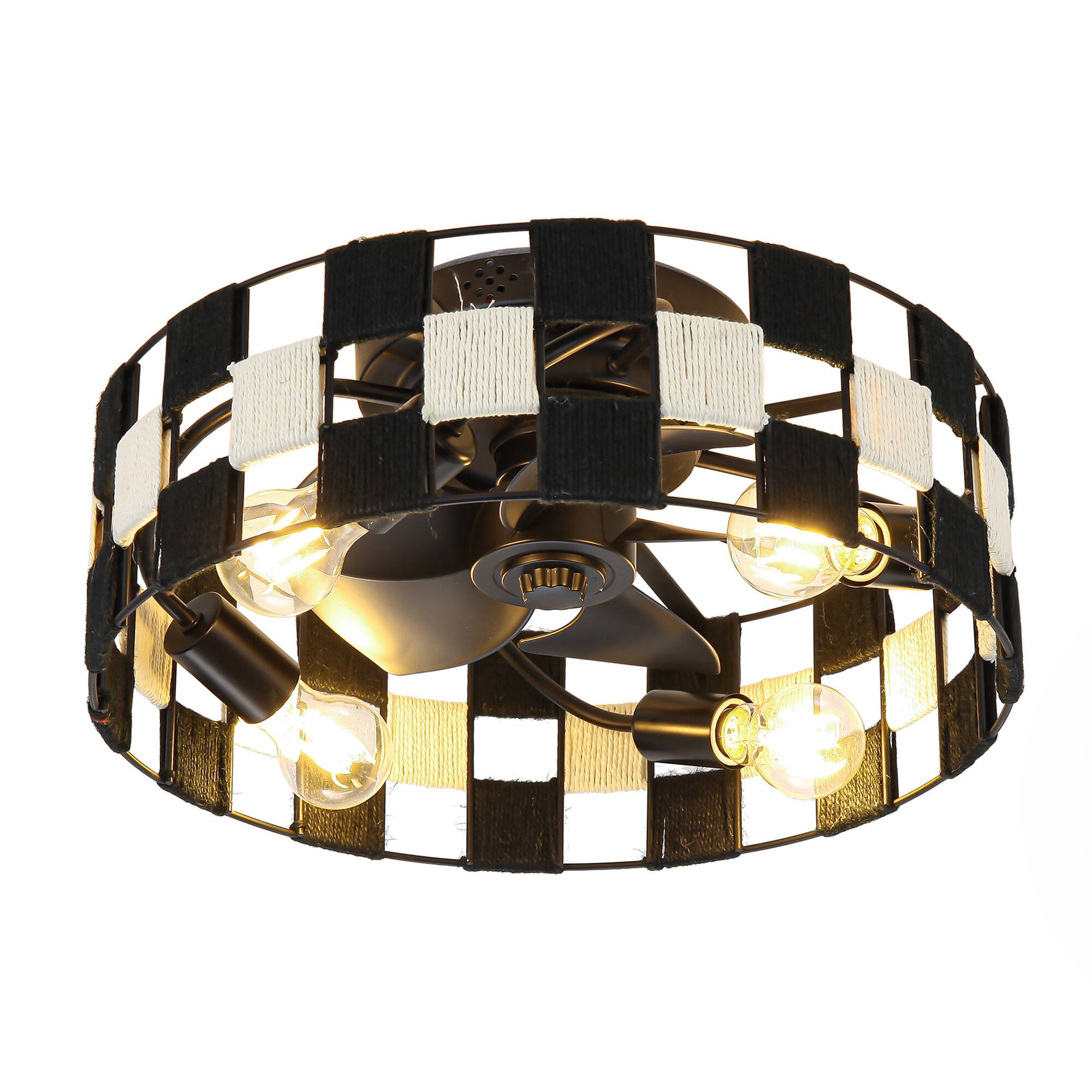Alt View 10. Parrot Uncle - 17.7 in. Rope Checkerboard Caged Smart Ceiling Fan with Light, Remote and APP Control - Black.