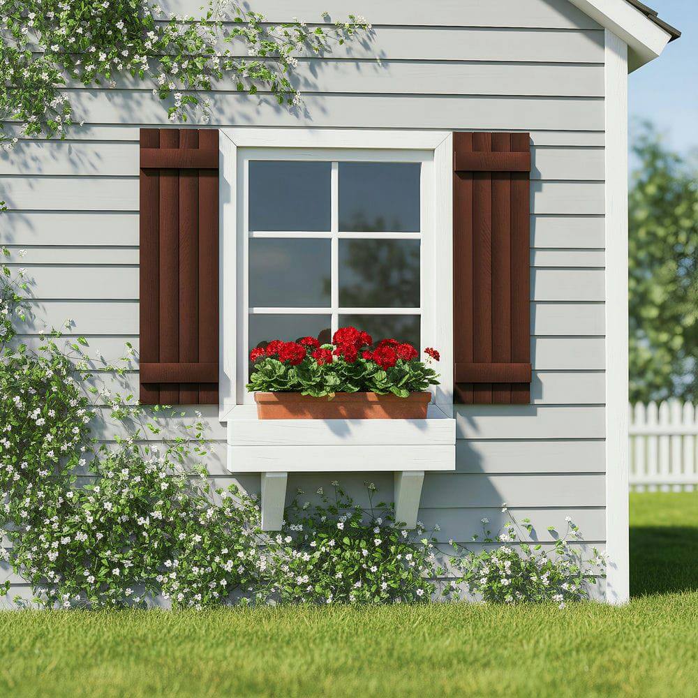 Angle. Kadyn - Classic Board & Batten Faux Shutters with 2 Horizontal Bars for Timeless and Durable Exterior Elegance, 14"x43", Red - Red.