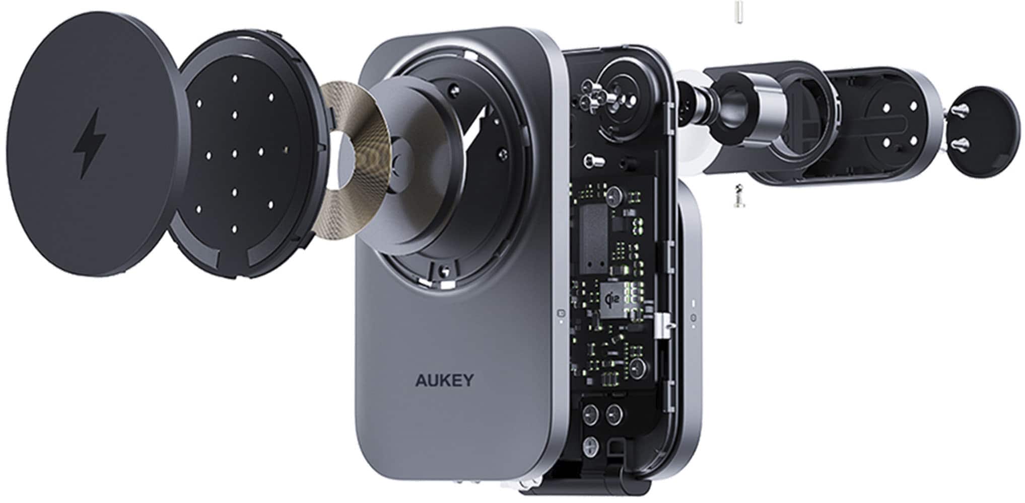 Alt View 1. Aukey - MagFusion 3-in-1 Foldable Magnetic Wireless Charger (Qi 2.0, 30W, Charging Plug) - Grey.