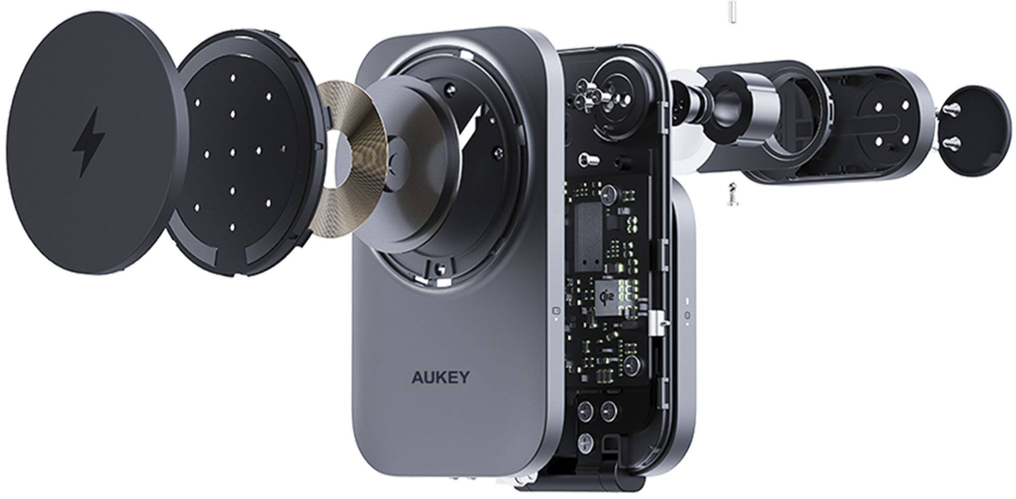 Alt View 1. Aukey - MagFusion 3-in-1 Foldable Magnetic Wireless Charger (Qi 2.0, 30W,  Charging Plug) - Grey.