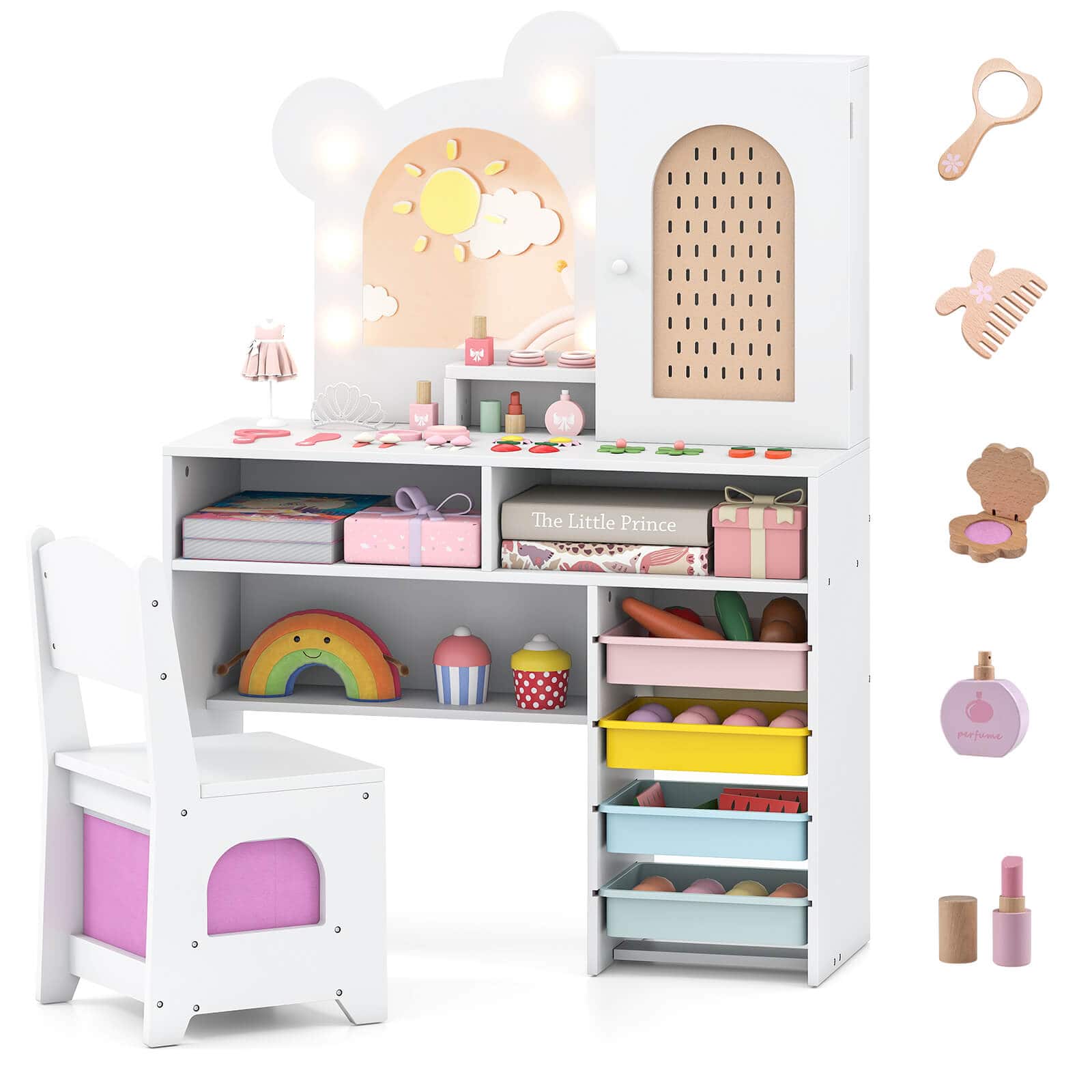 Costway - Kids Vanity with Lights with 5 Drawers & 2 Compartments, Single-door Cabinet - White