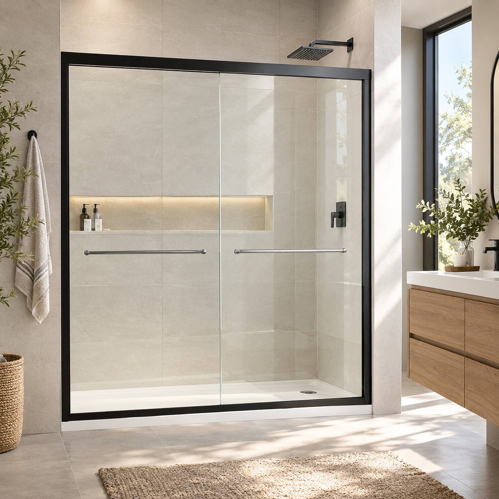Alt View 2. RYHNUYNE - 44-48 In W X 72 In H Semi-Frameless Sliding Shower Door, Clear Tempered Glass With Stainless Steel Handles Black Finish - Matt Black.