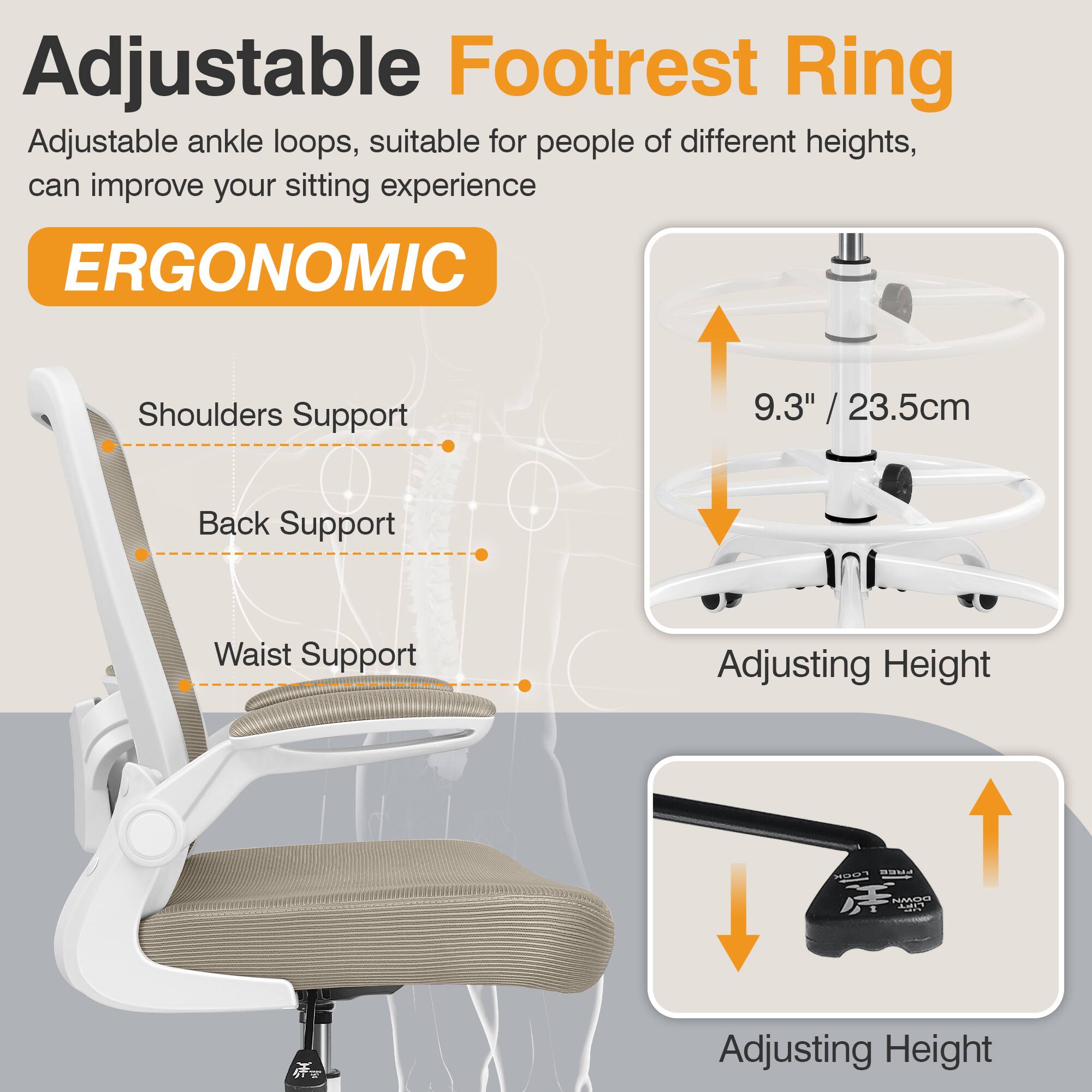 Adjustable Footrest Ring, Adjustable ankle loops, suitable for people of different heights, can improve your sitting experience, ERGONOMIC, Shoulders Support, Back Support, Waist Support, Adjusting Height, MN Co, Adjusting Height, 9.3" / 23.5cm
