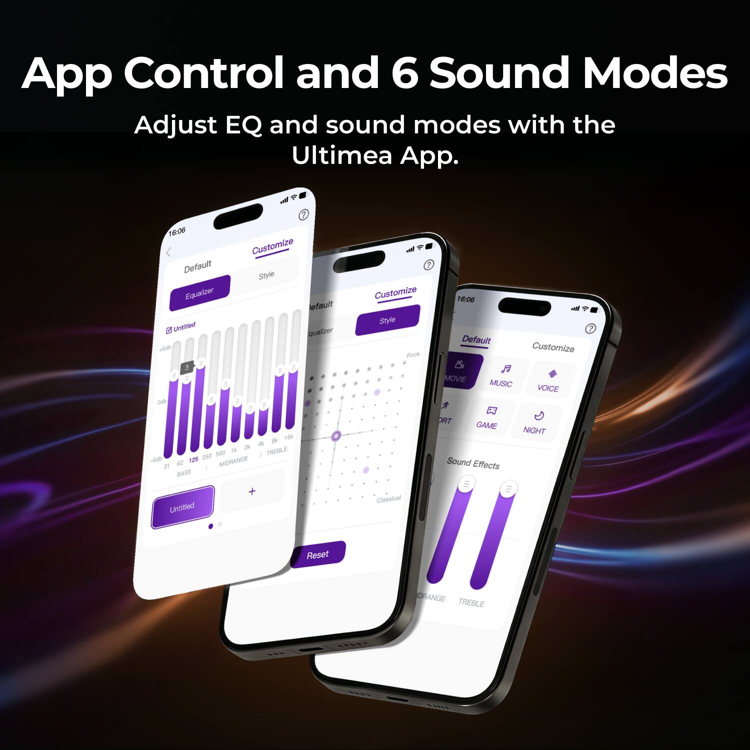 App Control and 6 Sound Modes  
Adjust EQ and sound modes with the Ultima App.  

16:06 Customize  
Default  
Style  
Equalizer  
Untitled  
-6dB 31 62 125 250 500 TREBLE -500 62 125 MIDRANGE 31 BASS +  

Customize  
16:06  
Default  
Style  
Rock MOVIE MUSIC VOICE SPORT GAME NIGHT  
Sound Effects  
Classical  
DRANGE TREBLE  

Reset