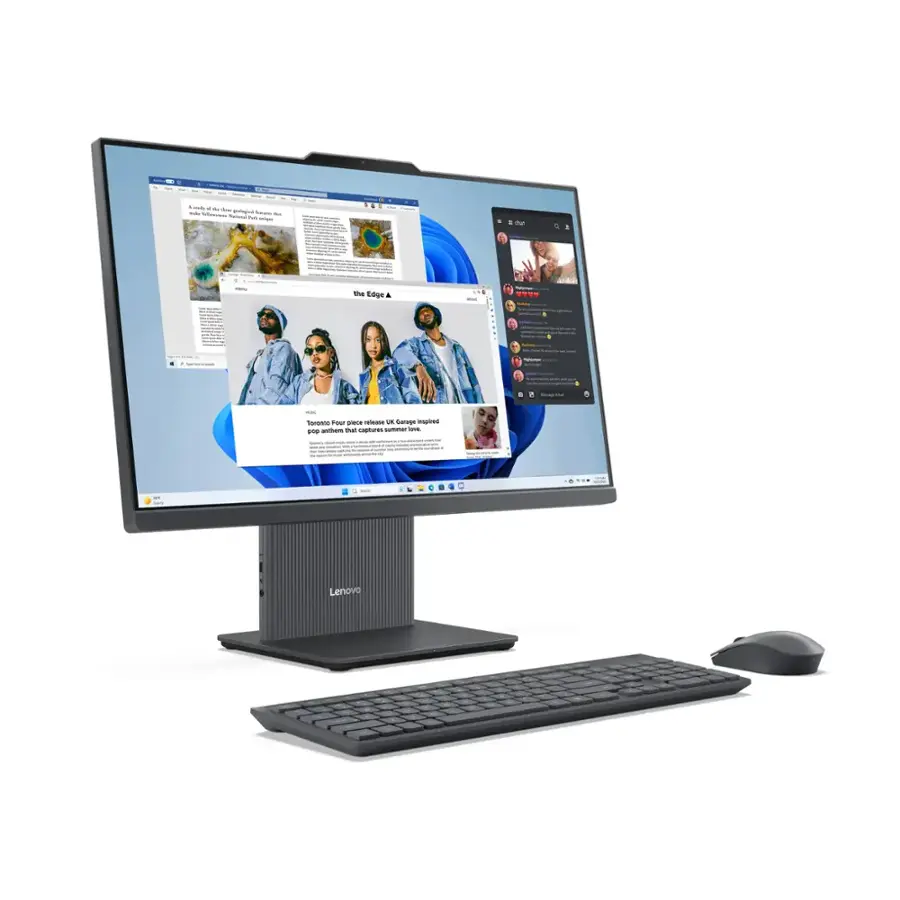 Lenovo computer monitor with a keyboard and mouse.