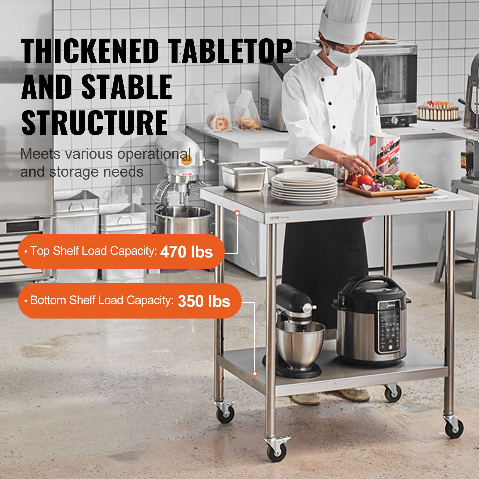 THICKENED TABLETOP AND STABLE STRUCTURE
Meets various operational and storage needs
Top Shelf Load Capacity: 470 lbs
Bottom Shelf Load Capacity: 350 lbs