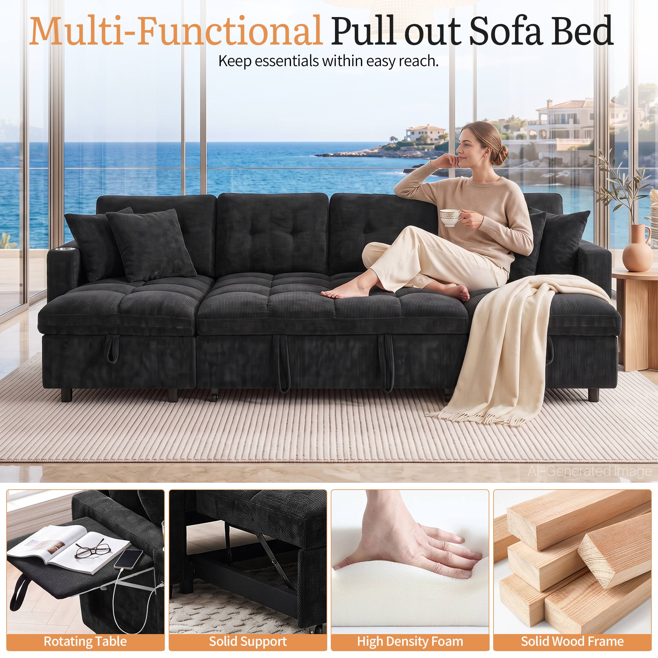 Multi-Functional Pull out Sofa Bed  
Keep essentials within easy reach.  

Rotating Table  
Solid Support  
High Density Foam  
Solid Wood Frame