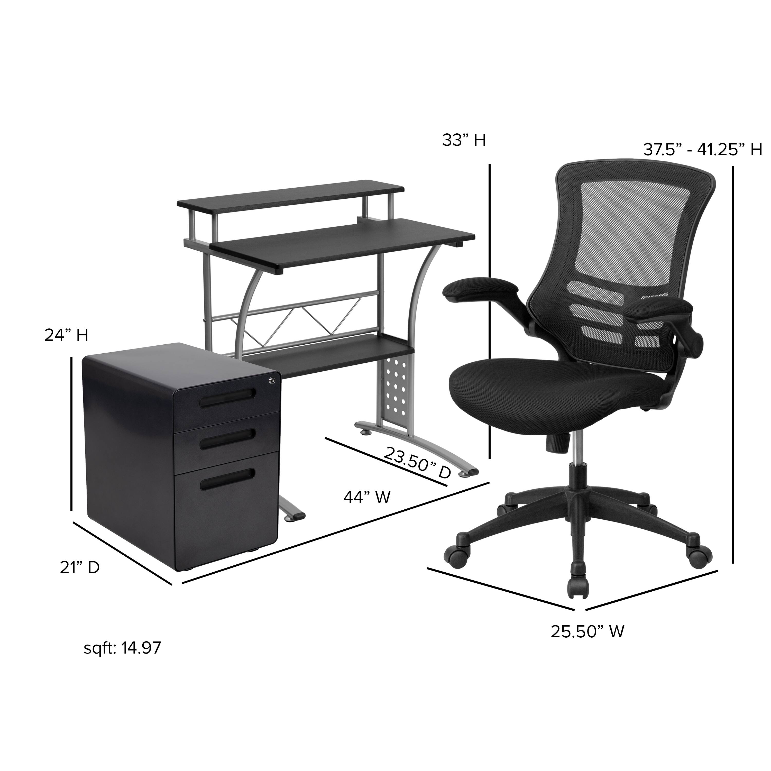 - 33" H
- 37.5" - 41.25" H
- 24" H
- 23.50" D
- 44" W
- 25.50" W
- sqft: 14.97