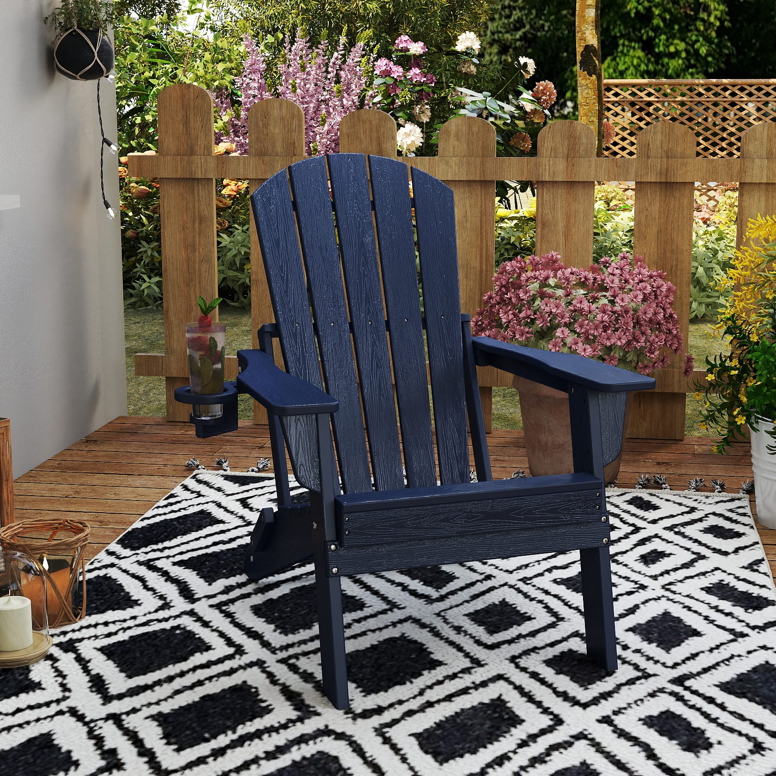 Anysun - Plastic Folding Patio Woodgrain Texture Adirondack Chair with Cup Holder - Navy Blue
