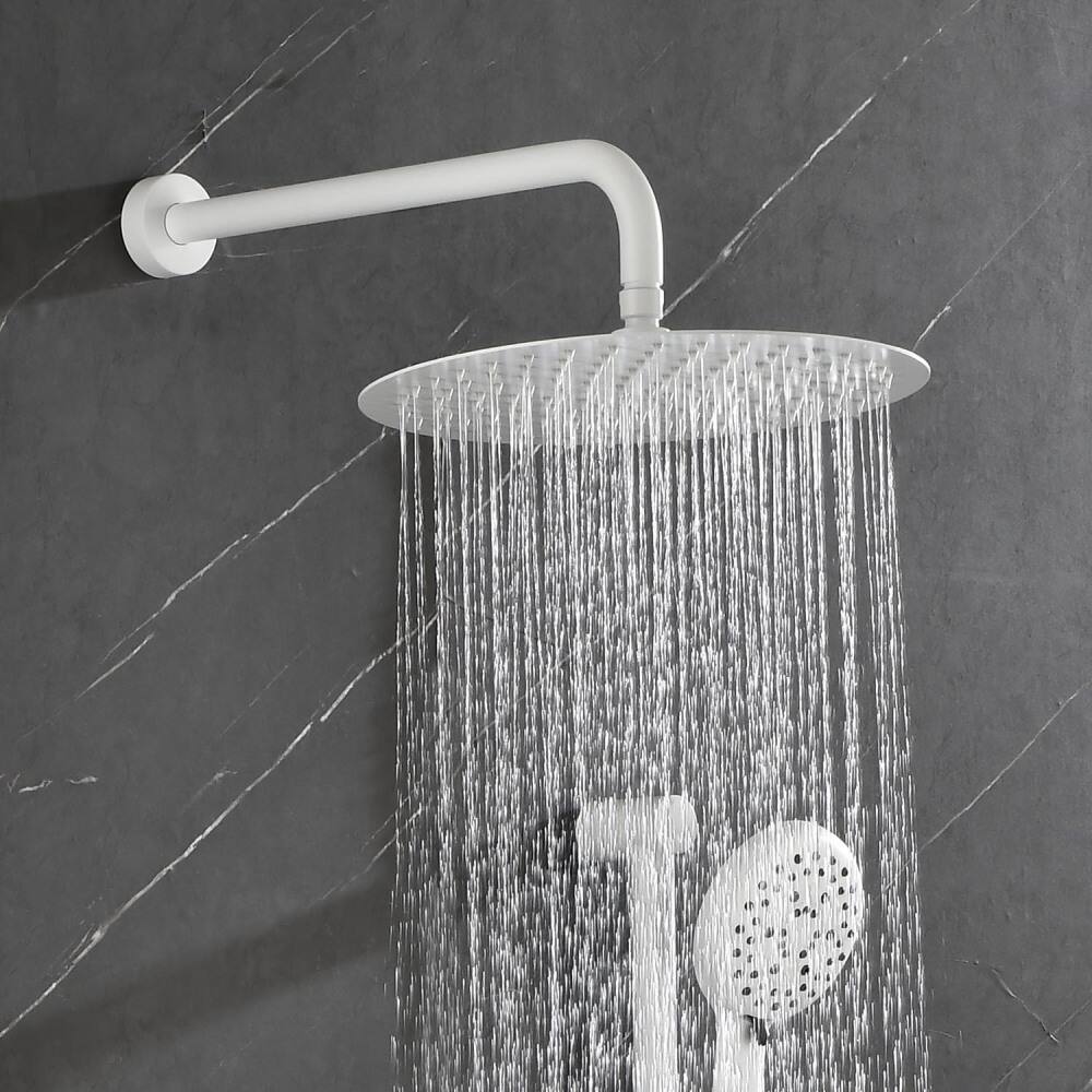 Angle. JUJABU - White Shower System with Shower Head, Slide Bar, Bodysprays, Shower Arm, Hose, Valve Trim, and Lever Handles - White.