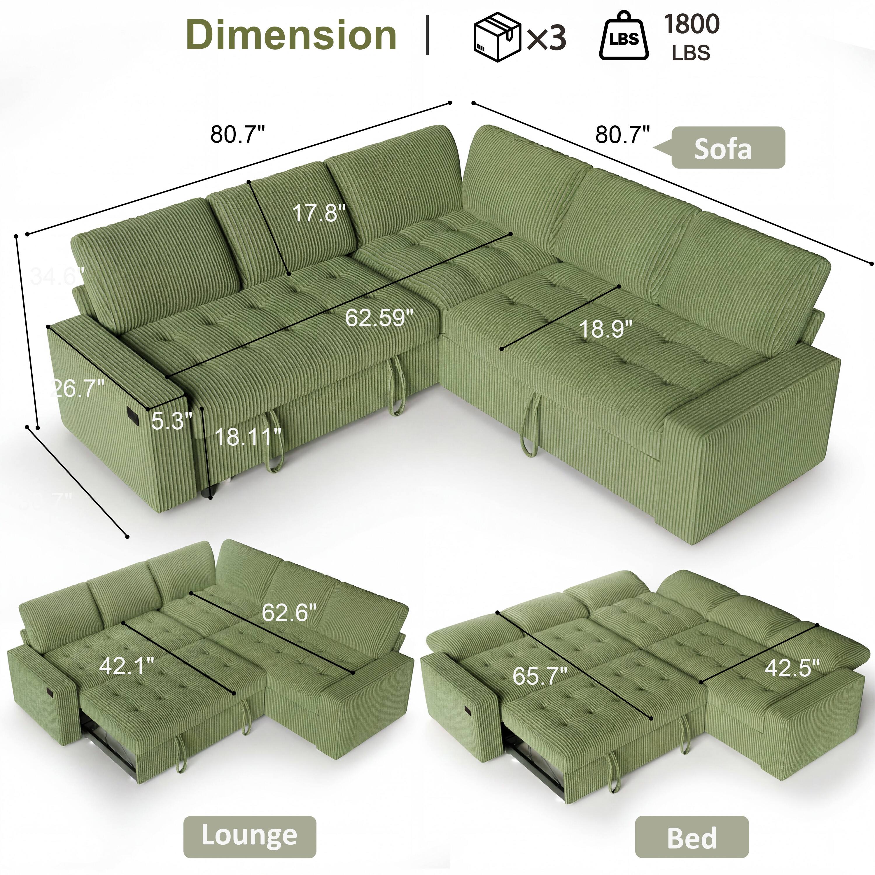 Dimension  
Sofa: 80.7" x 62.59" x 17.8"  
Lounge: 62.6" x 42.1" x 18.9"  
Bed: 65.7" x 42.5" x 5.3"  
Weight: 1800 LBS