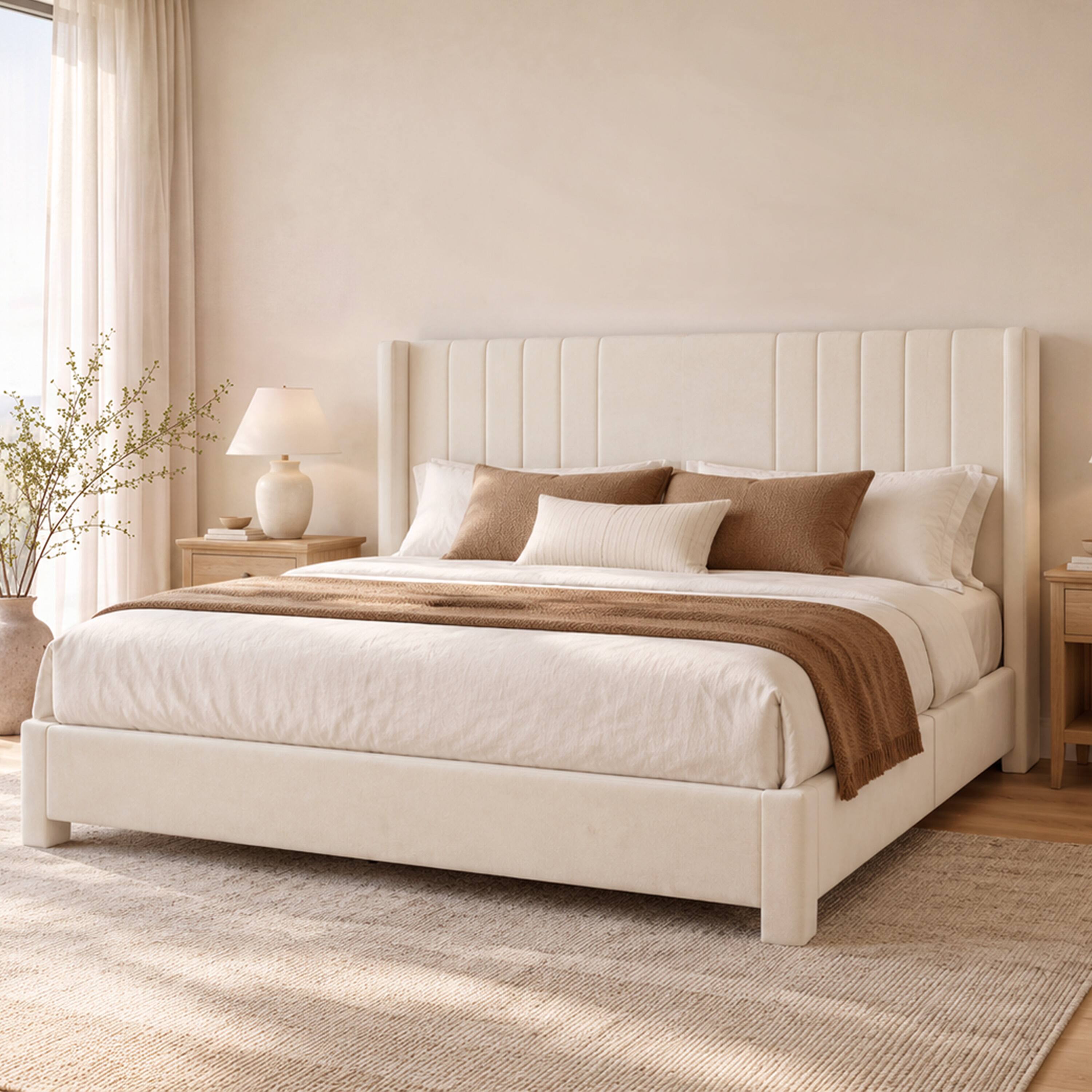 Angle. Vipbear - Velvet Highback Bed Frame, Upholstered Platform Bed with Sturdy Wood Slats, No Box Spring Needed, Noise-Free - Off-white.