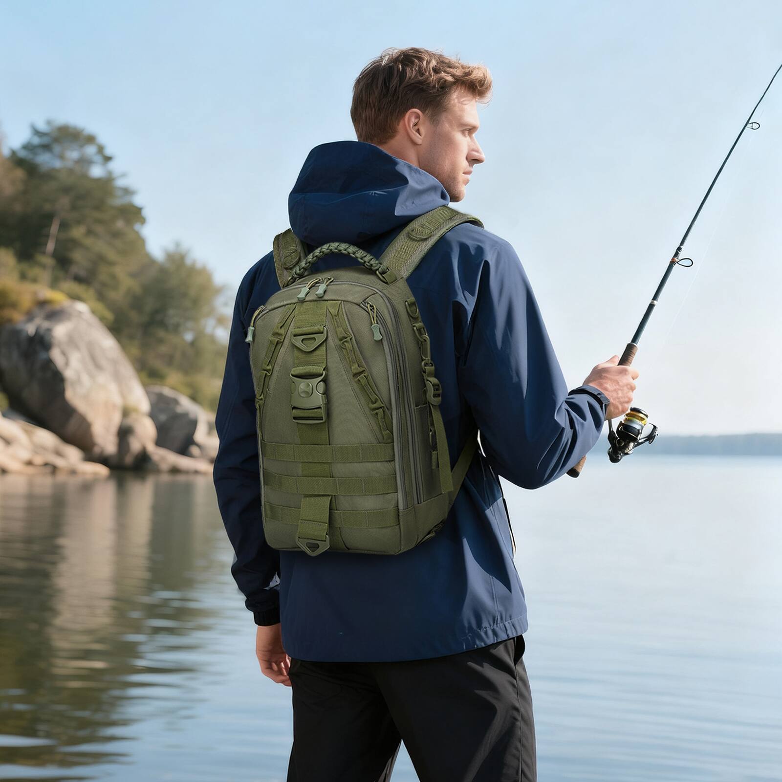 Alt View 1. Unique Bargains - Fishing Tackle Backpack for Men Sling or Backpack Style with Rod Holder Waterproof Great for Anglers Boat Fishing - Green.