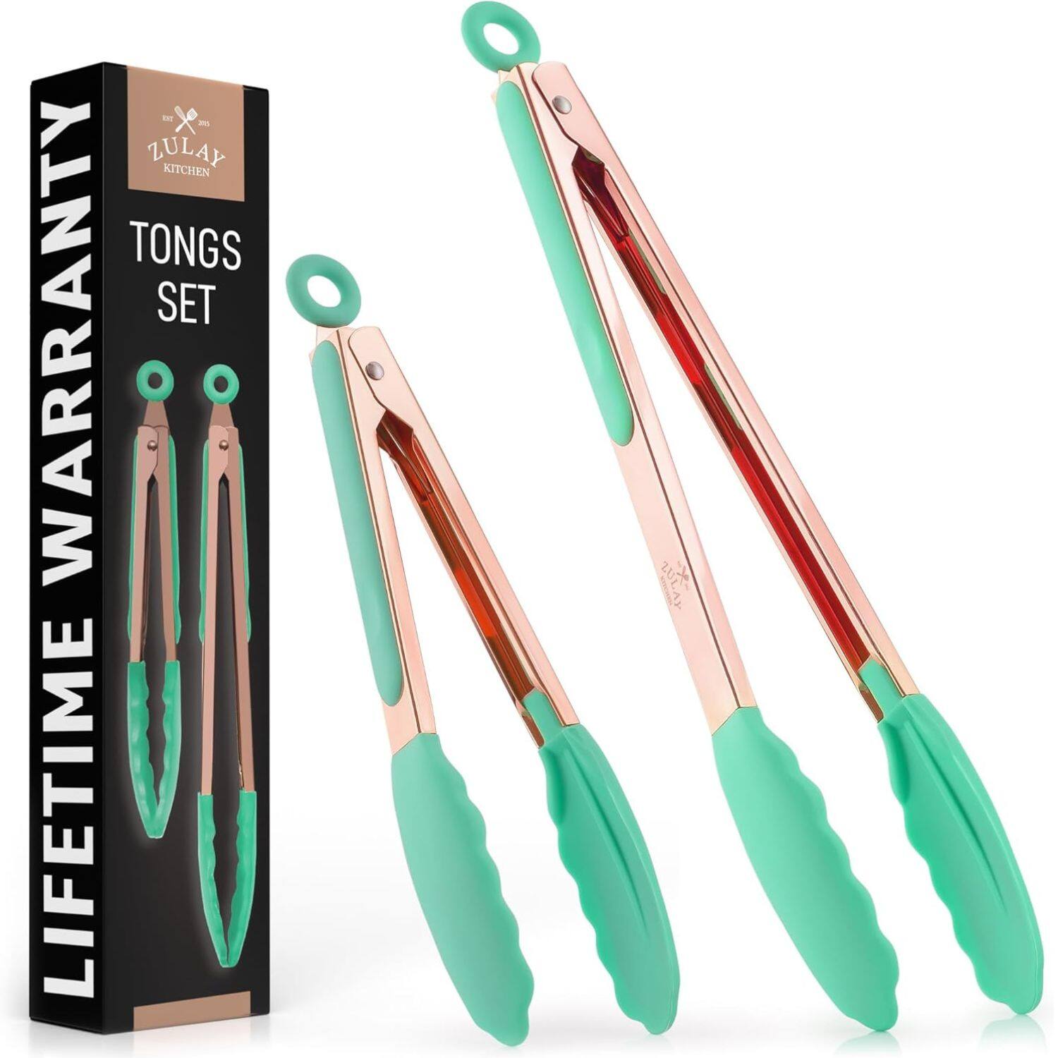 Zulay Kitchen - Stainless Steel Locking Cooking Tongs with Silicone Tips - Set of 2 (9” & 12”) - Mint