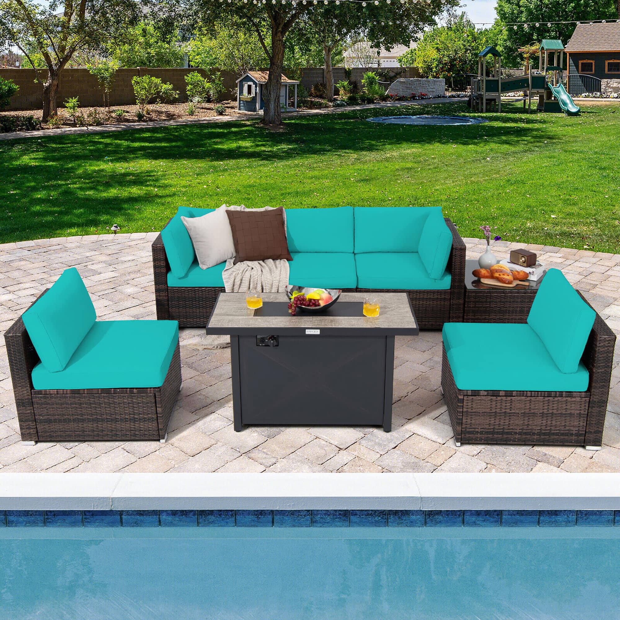 Gymax - 7PCS Patio Rattan Furniture Set Fire Pit Table Cover Cushion - Turquoise price history on PriceWatchPro