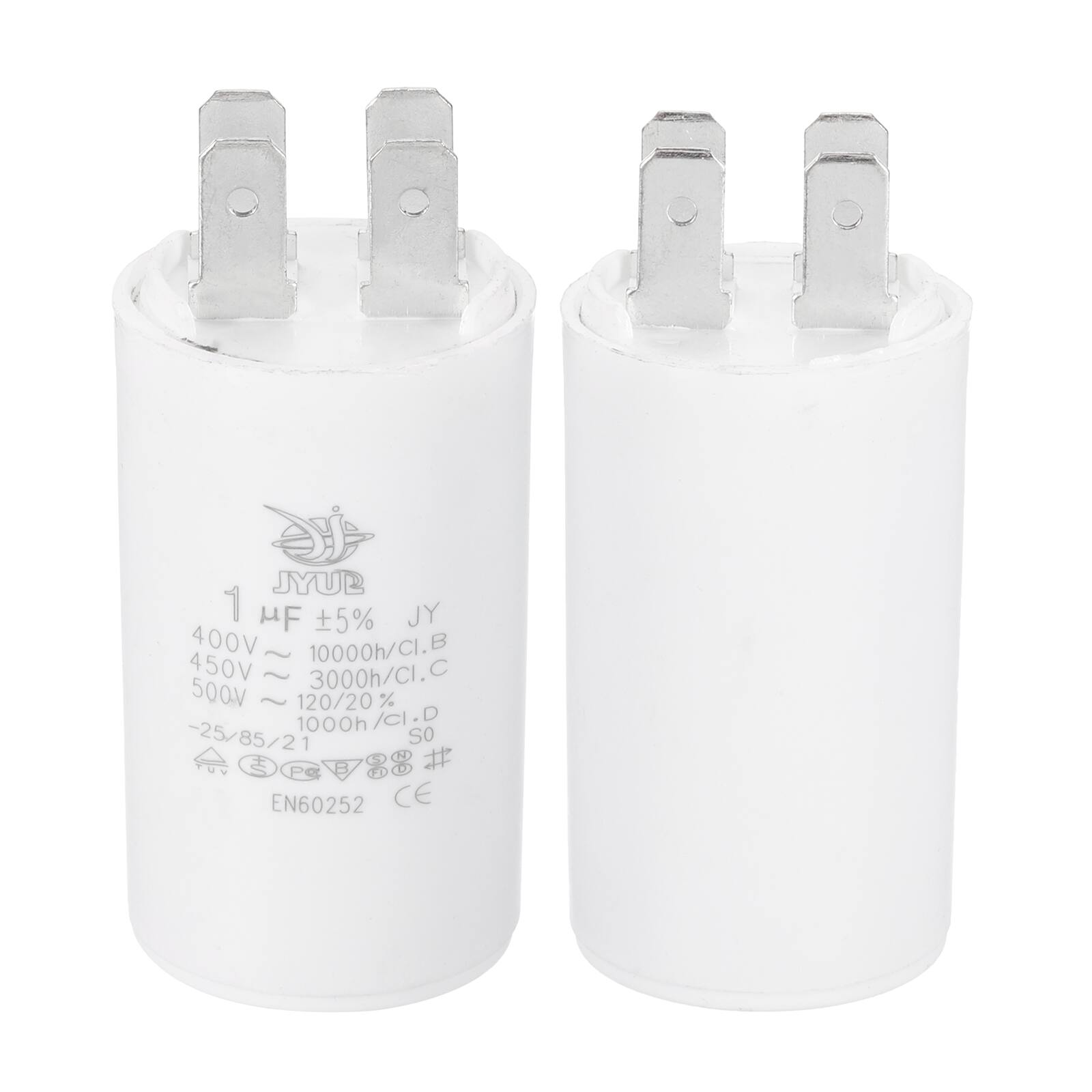 JYUB  
1 JY  
1 HF ±5%  
400V ~ 10000h/CI.B  
450V ~ 3000h/CI.C  
500V ~ 120/20% 1000h/CI.D  
-25/85/21  
EN60252 CE