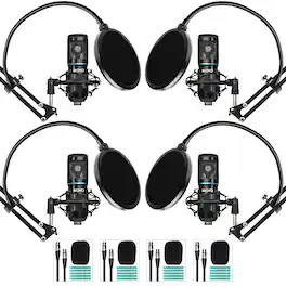 MOVO - 4-Pack Universal Cardioid Podcasting Microphone Bundle with Articulating Scissor Arm and Pop Filter for XLR Outputs