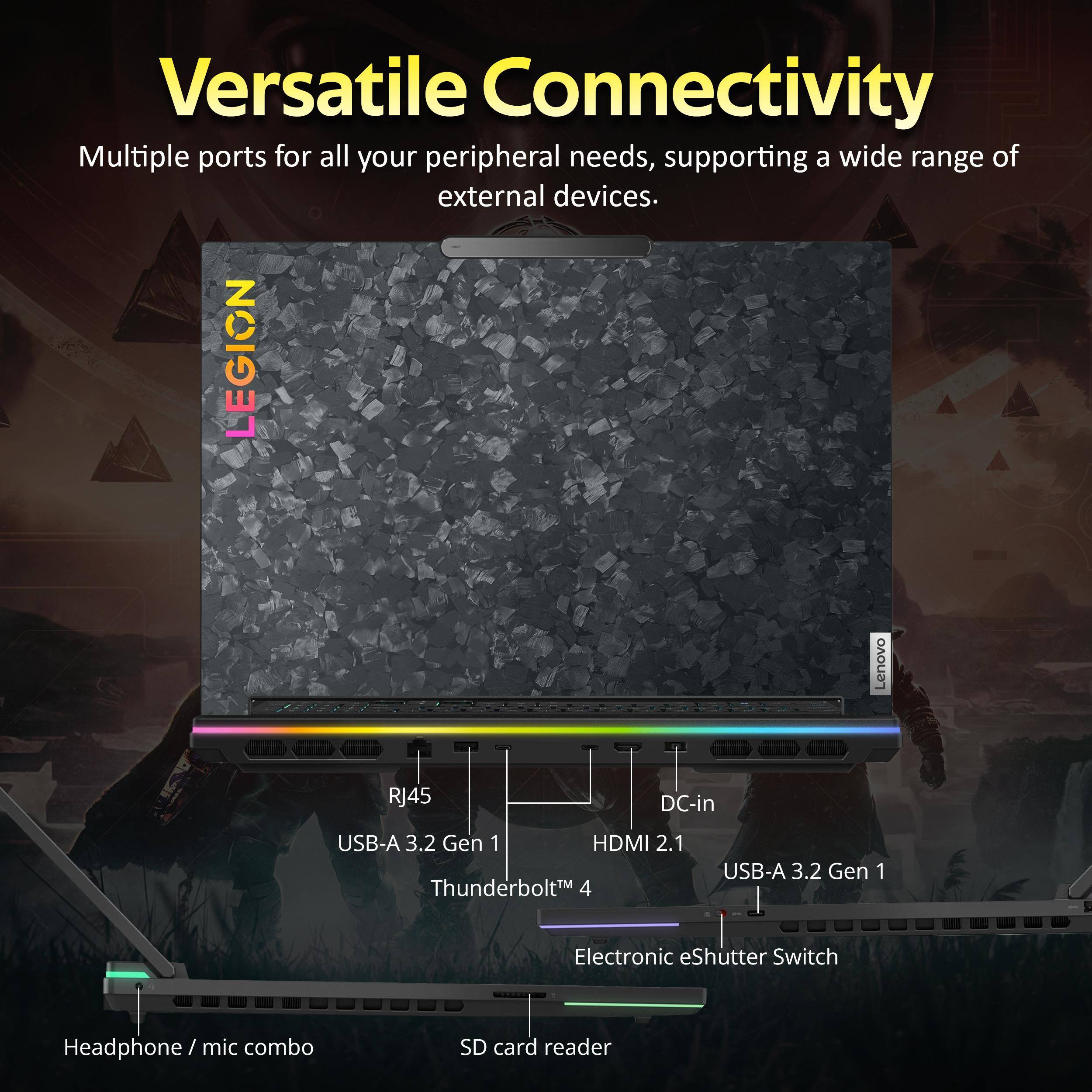 Versatile Connectivity  
Multiple ports for all your peripheral needs, supporting a wide range of external devices.  

- RJ45  
- DC-in  
- USB-A 3.2 Gen 1  
- HDMI 2.1  
- Thunderbolt 4  
- USB-A 3.2 Gen 1  
- Electronic eShutter Switch  
- Headphone / mic combo  
- SD card reader