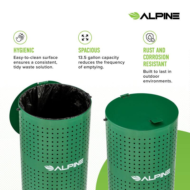 ALPINE HYGIENIC Easy-to-clean surface ensures a consistent, tidy waste solution. SPACIOUS 13.5 gallon capacity reduces the frequency of emptying. RUST AND CORROSION RESISTANT Built to last in outdoor environments. ALPINE
