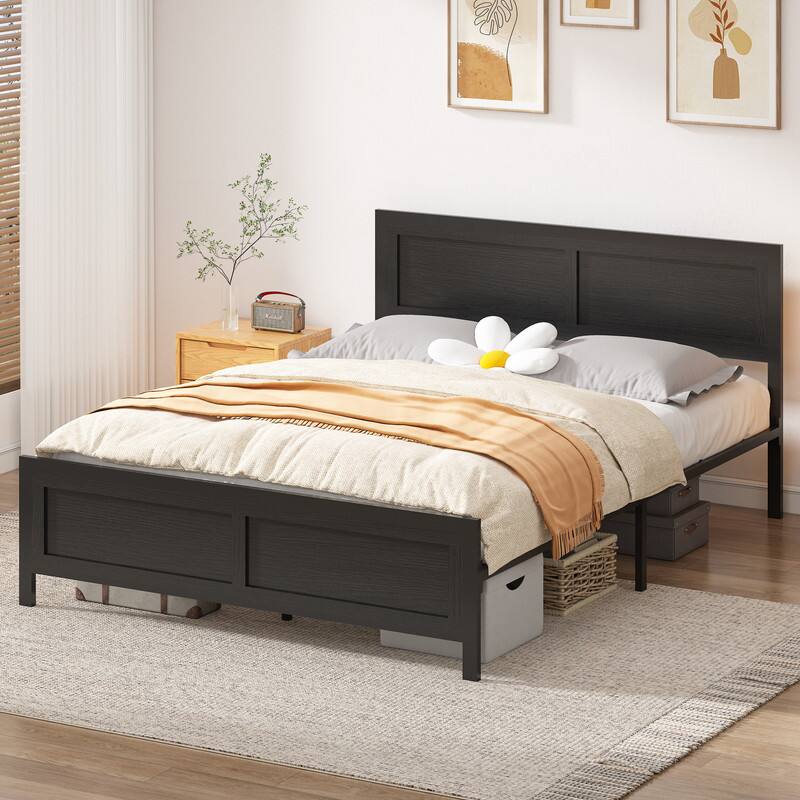 Dyonery - Full Size Bed Frame, Metal Platform Bed Frame with Wooden Headboard with Rivet, 13 Heavy Duty Iron Slats Support. - Black