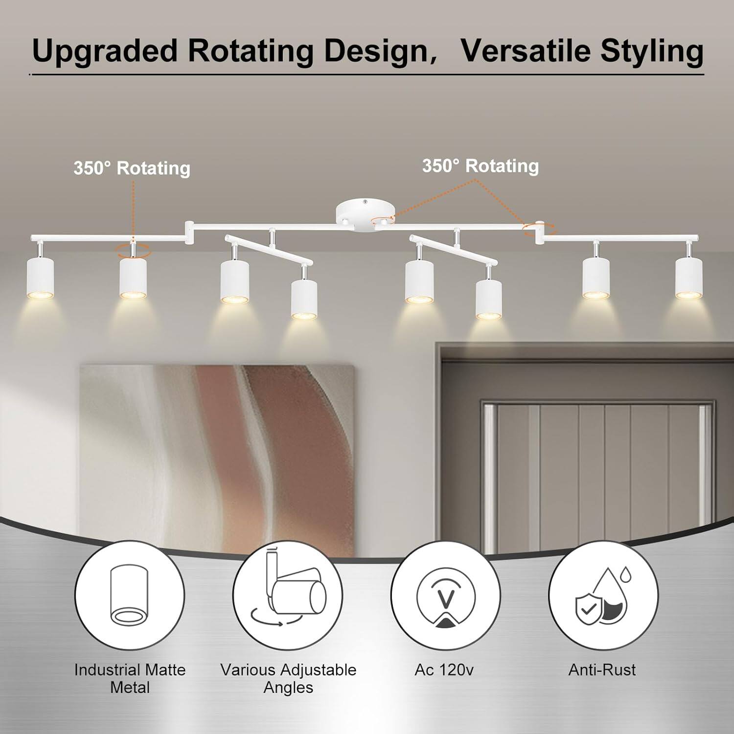 Upgraded Rotating Design, Versatile Styling

350° Rotating

350° Rotating

Industrial Matte Metal

Various Adjustable Angles

Ac 120v

Anti-Rust